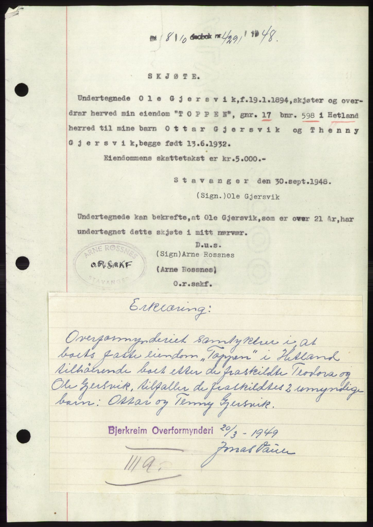 Jæren sorenskriveri, SAST/A-100310/03/G/Gba/L0100: Pantebok, 1948-1948, Dagboknr: 4291/1948