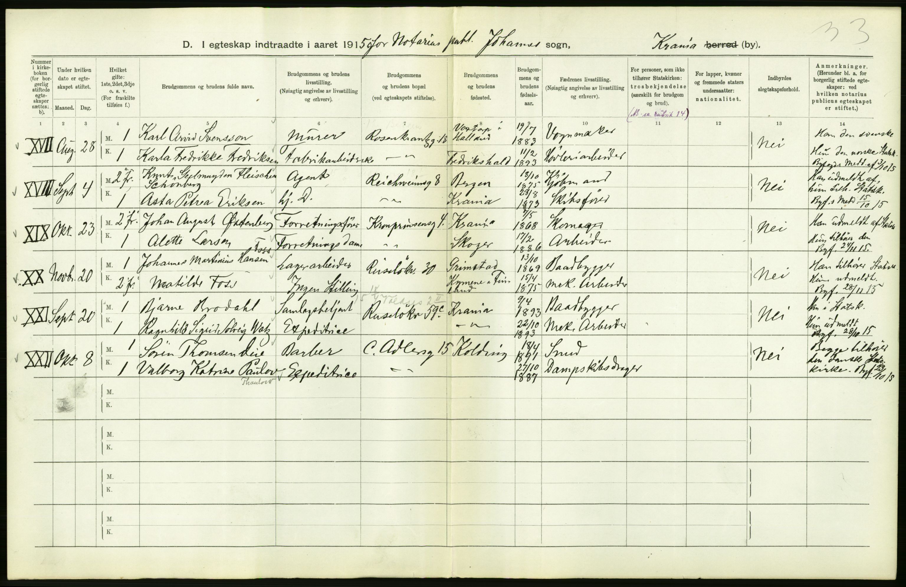 Statistisk sentralbyrå, Sosiodemografiske emner, Befolkning, RA/S-2228/D/Df/Dfb/Dfbe/L0008: Kristiania: Gifte., 1915, s. 80