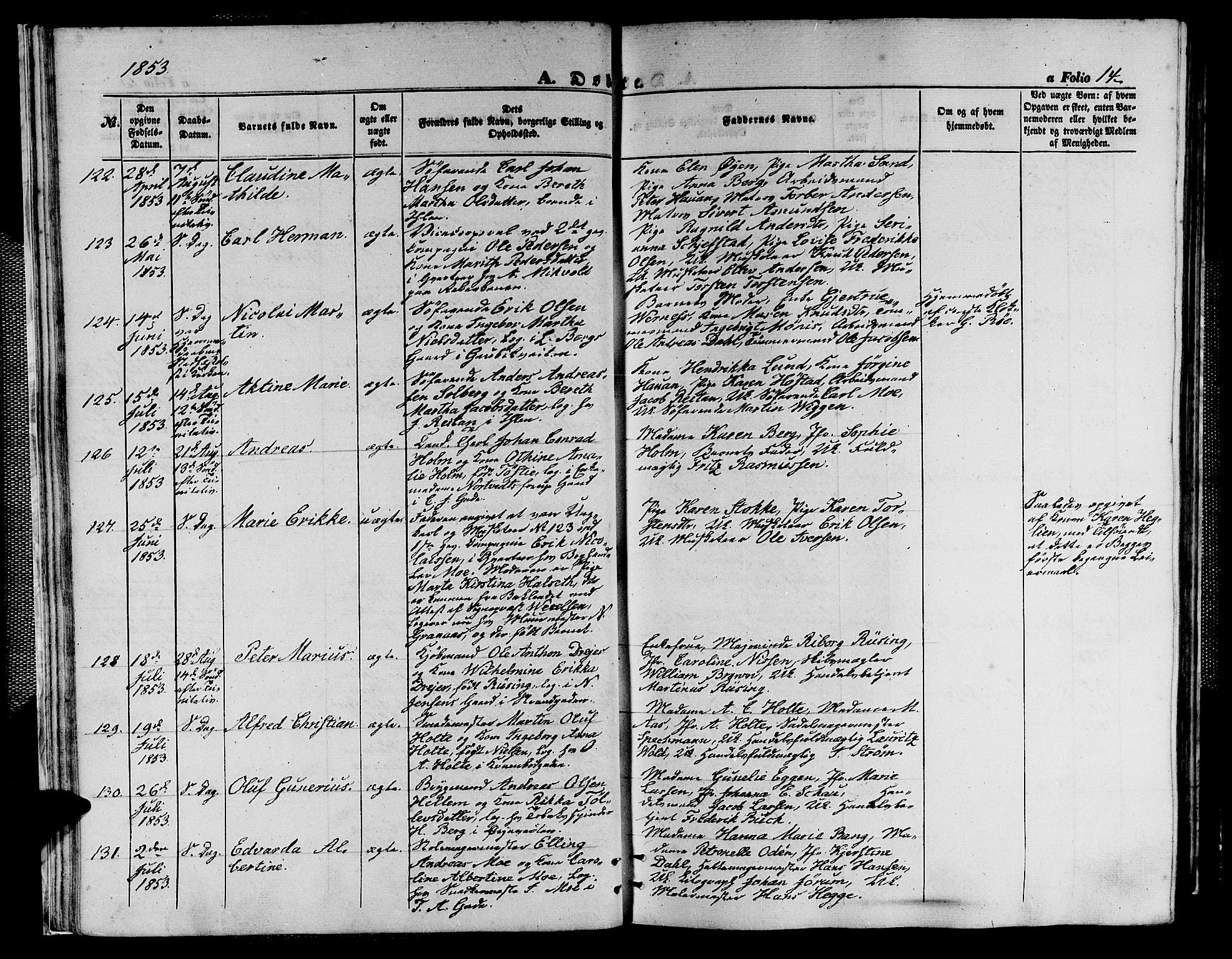 Ministerialprotokoller, klokkerbøker og fødselsregistre - Sør-Trøndelag, AV/SAT-A-1456/602/L0138: Klokkerbok nr. 602C06, 1853-1858, s. 14