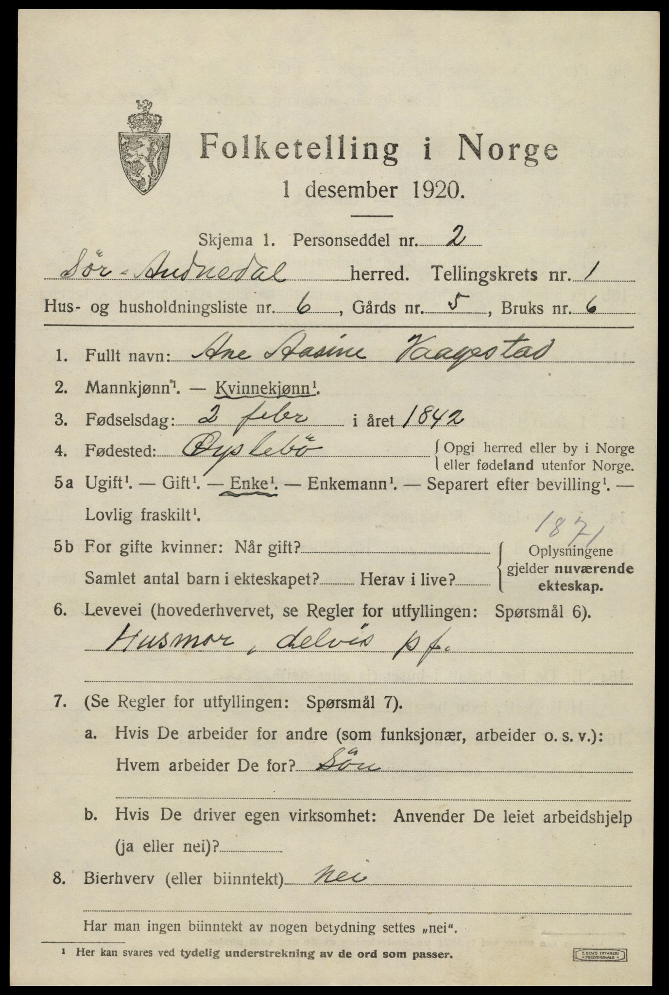 SAK, Folketelling 1920 for 1029 Sør-Audnedal herred, 1920, s. 1493