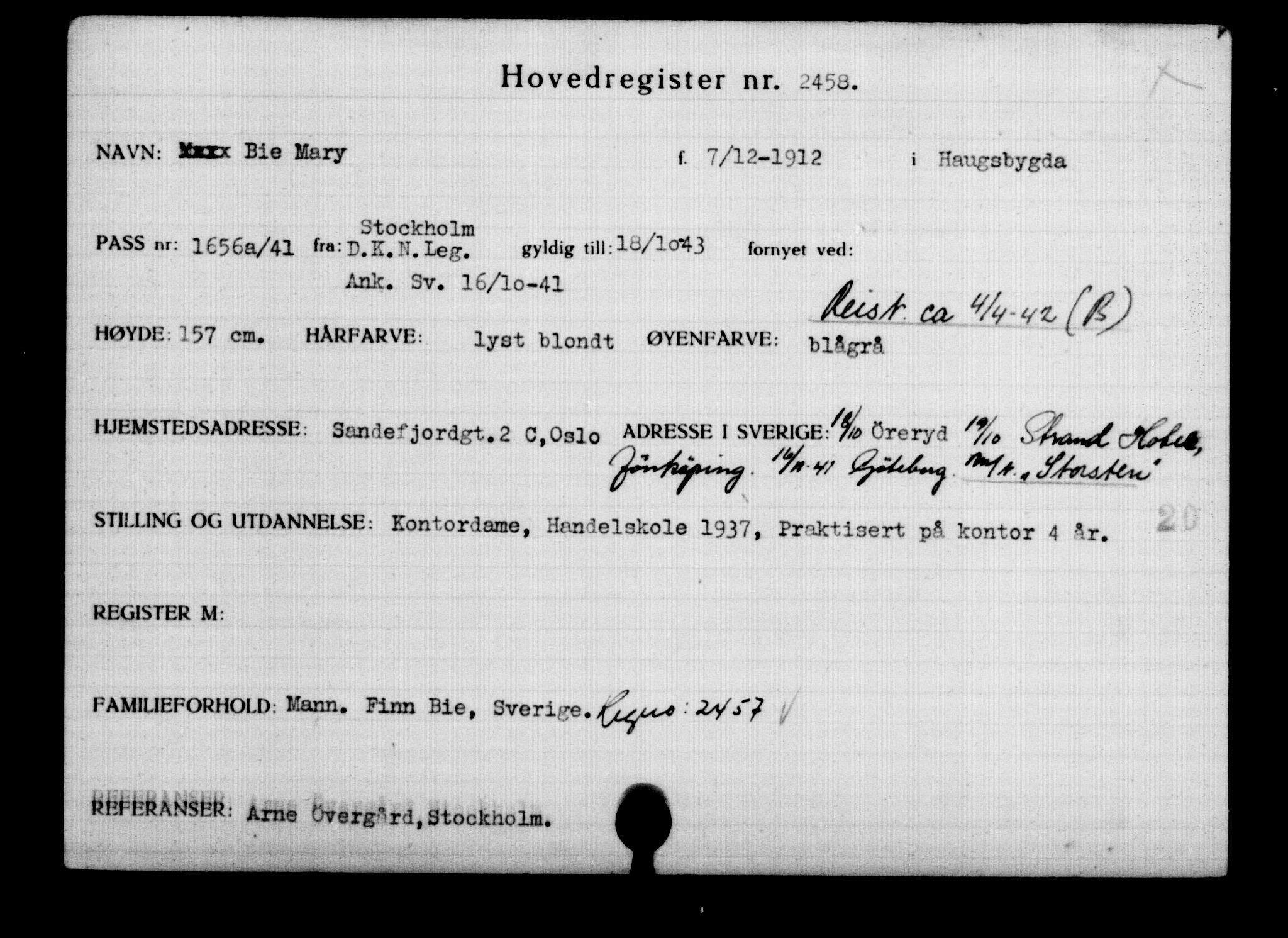 Utenriksstasjonene, Legasjonen i Stockholm, Flyktningkontoret, AV/RA-S-6753/V/Va/L0003: Kjesäterkartoteket, flyktninger med registreringsnr. 2001-3495, 1940-1945, s. 787