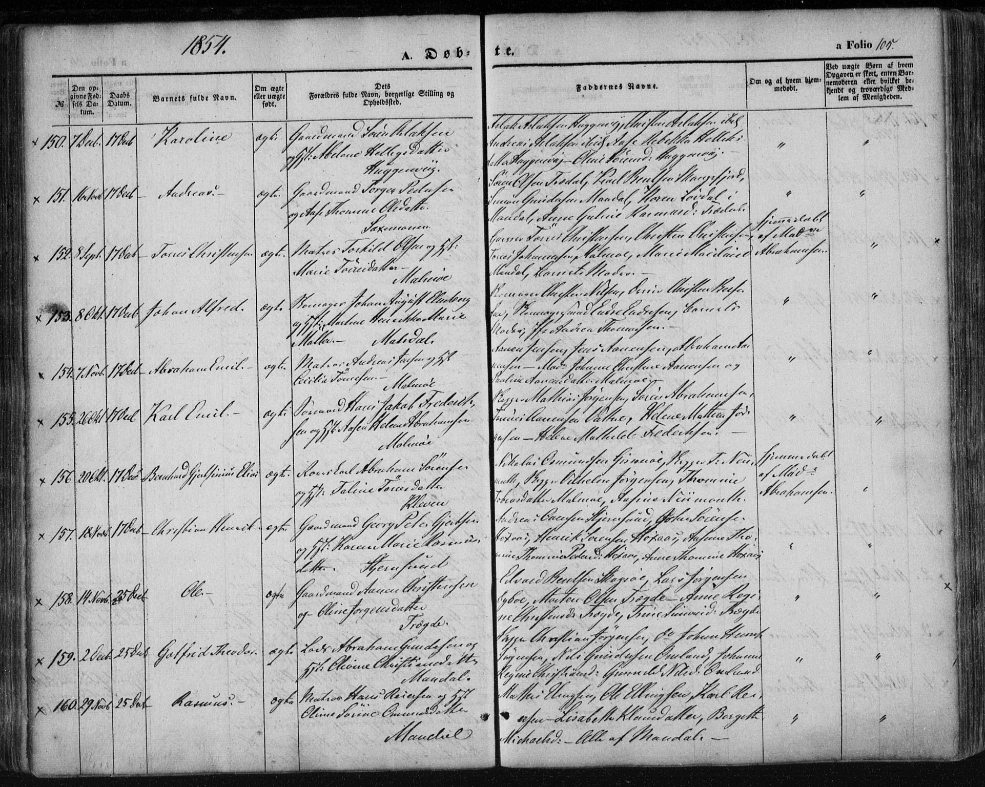 Mandal sokneprestkontor, AV/SAK-1111-0030/F/Fa/Faa/L0013: Ministerialbok nr. A 13, 1847-1859, s. 105