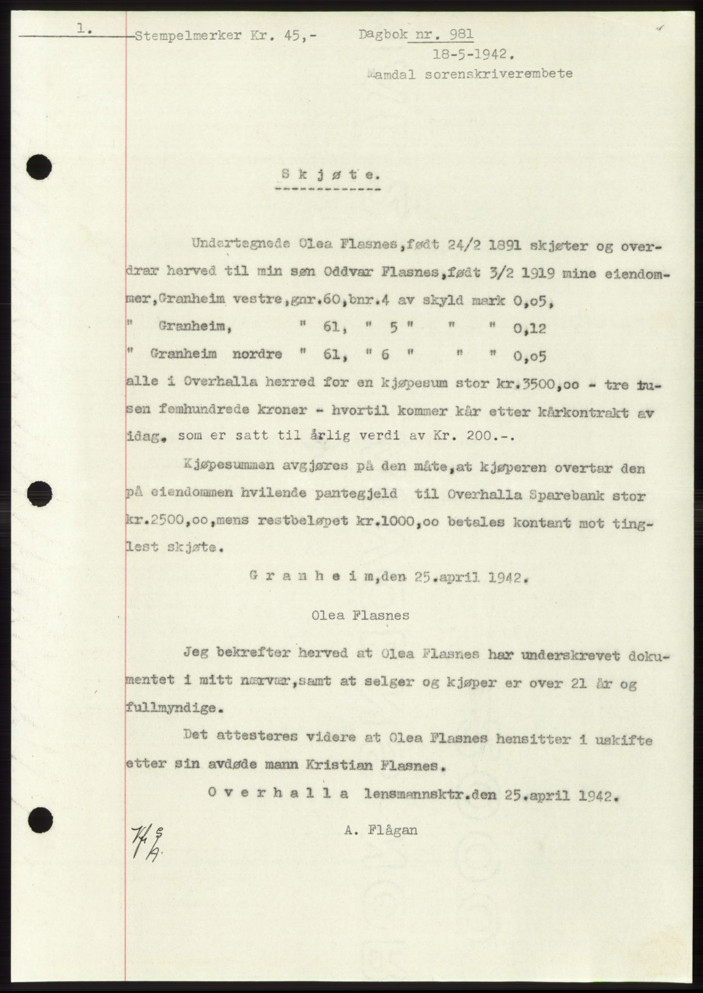 Namdal sorenskriveri, SAT/A-4133/1/2/2C: Pantebok nr. -, 1941-1942, Dagboknr: 981/1942