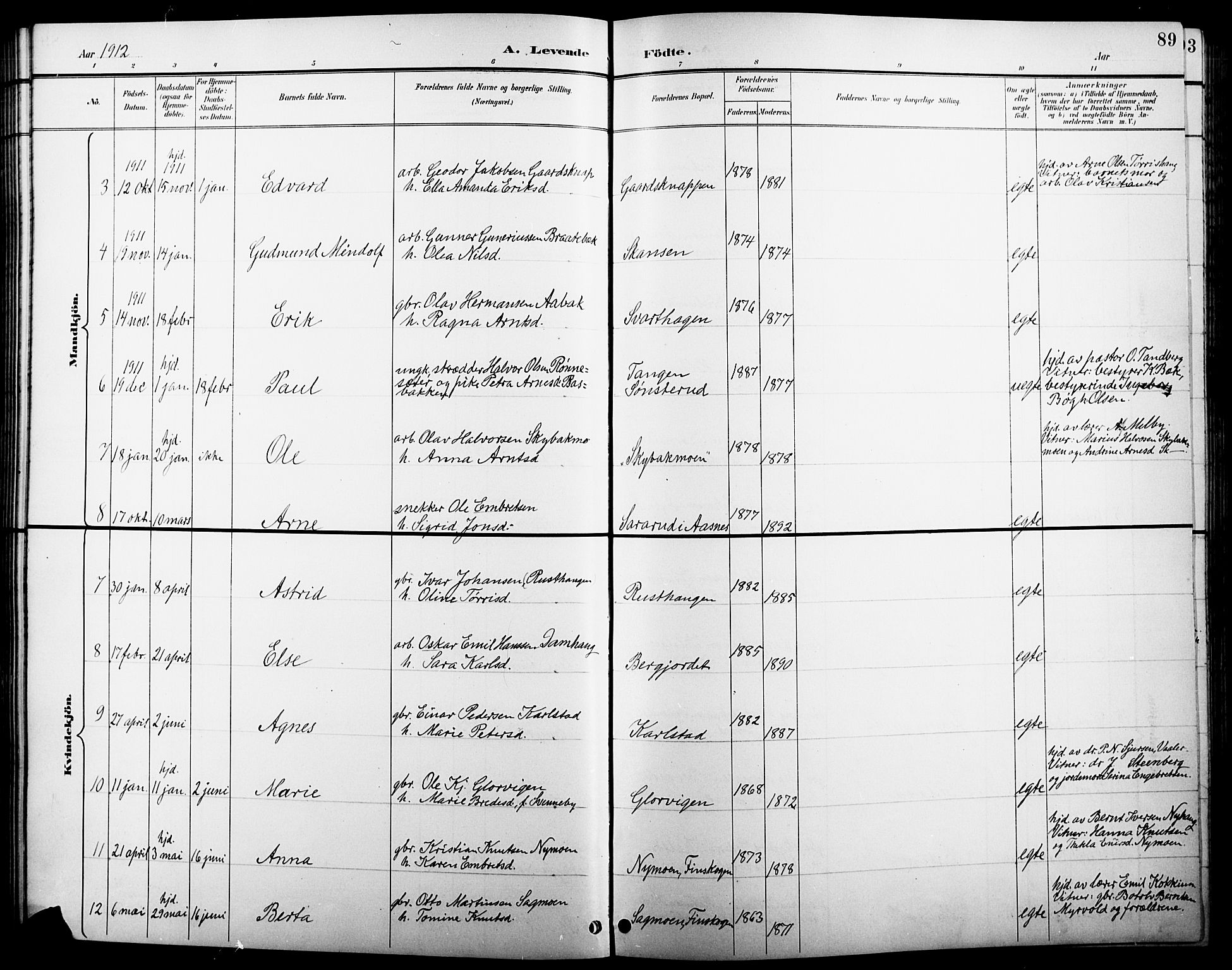 Åsnes prestekontor, AV/SAH-PREST-042/H/Ha/Hab/L0005: Klokkerbok nr. 5, 1895-1920, s. 89