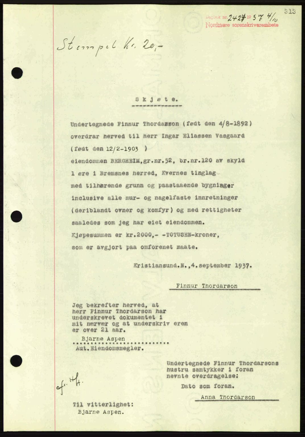 Nordmøre sorenskriveri, SAT/A-4132/1/2/2Ca: Pantebok nr. A82, 1937-1938, Dagboknr: 2424/1937