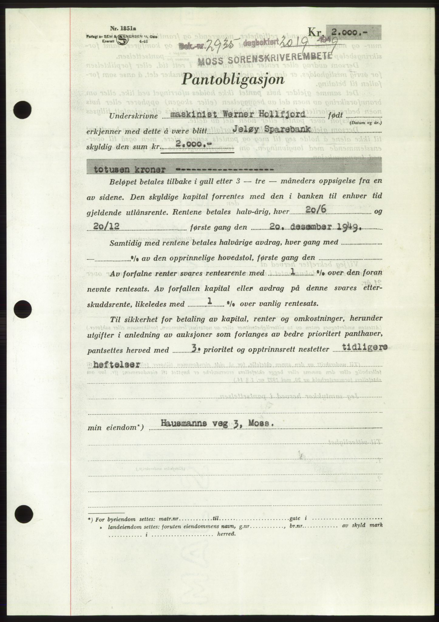 Moss sorenskriveri, SAO/A-10168: Pantebok nr. B22, 1949-1949, Dagboknr: 2935/1949
