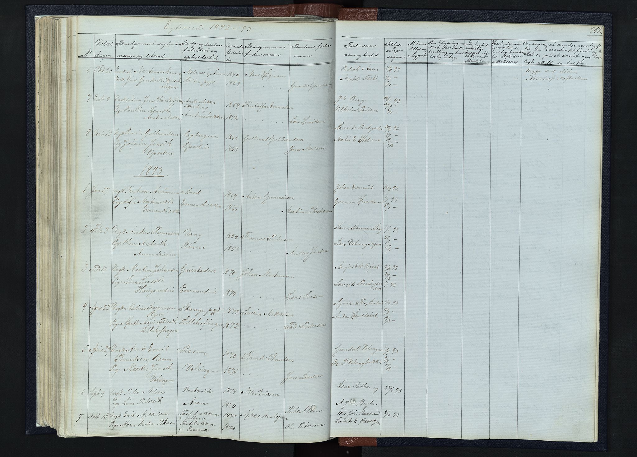 Romedal prestekontor, AV/SAH-PREST-004/L/L0010: Klokkerbok nr. 10, 1860-1895, s. 242