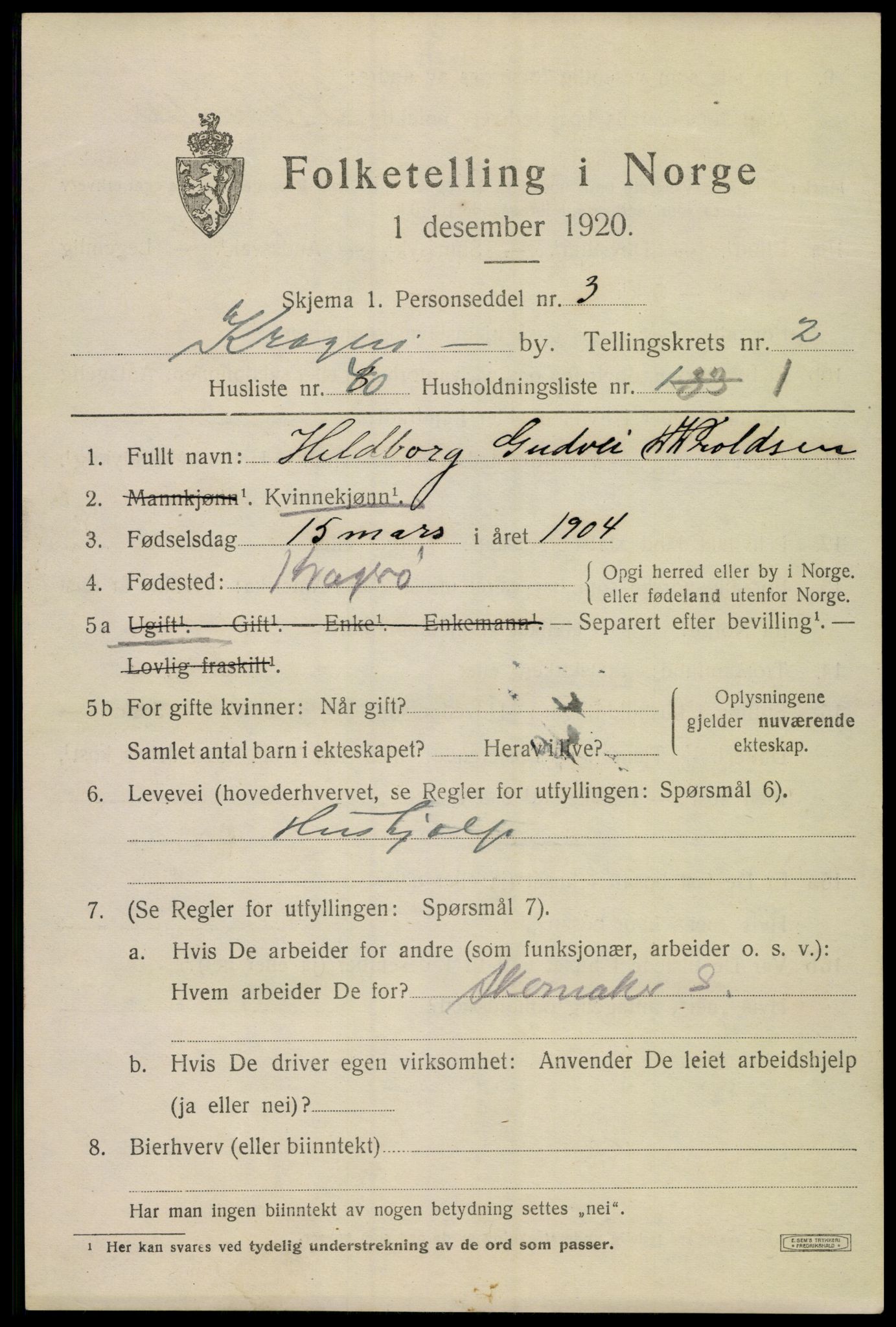 SAKO, Folketelling 1920 for 0801 Kragerø kjøpstad, 1920, s. 5841