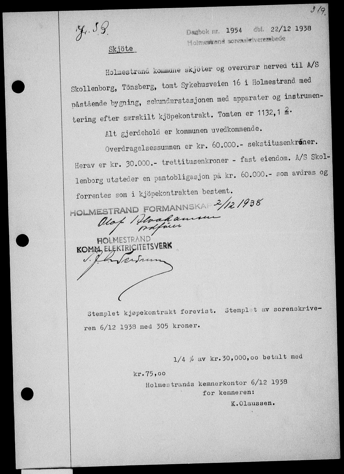 Holmestrand sorenskriveri, SAKO/A-67/G/Ga/Gaa/L0050: Pantebok nr. A-50, 1938-1939, Dagboknr: 1954/1938