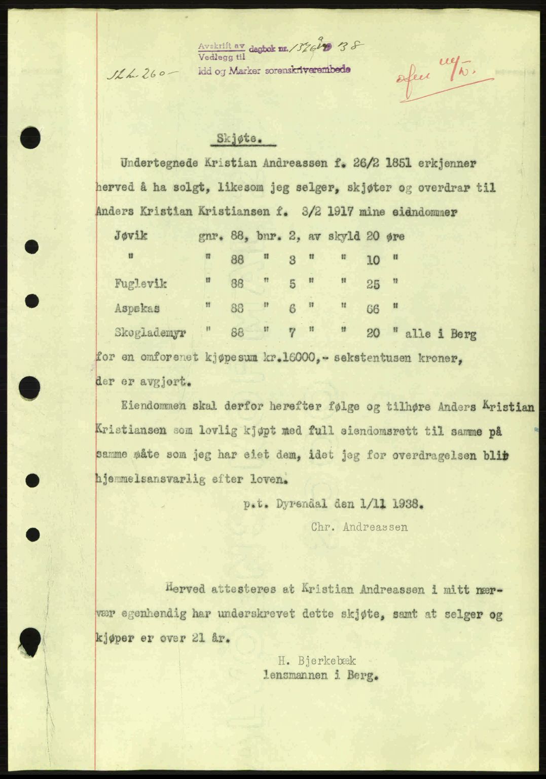 Idd og Marker sorenskriveri, AV/SAO-A-10283/G/Gb/Gbb/L0003: Pantebok nr. A3, 1938-1939, Dagboknr: 1376/1938