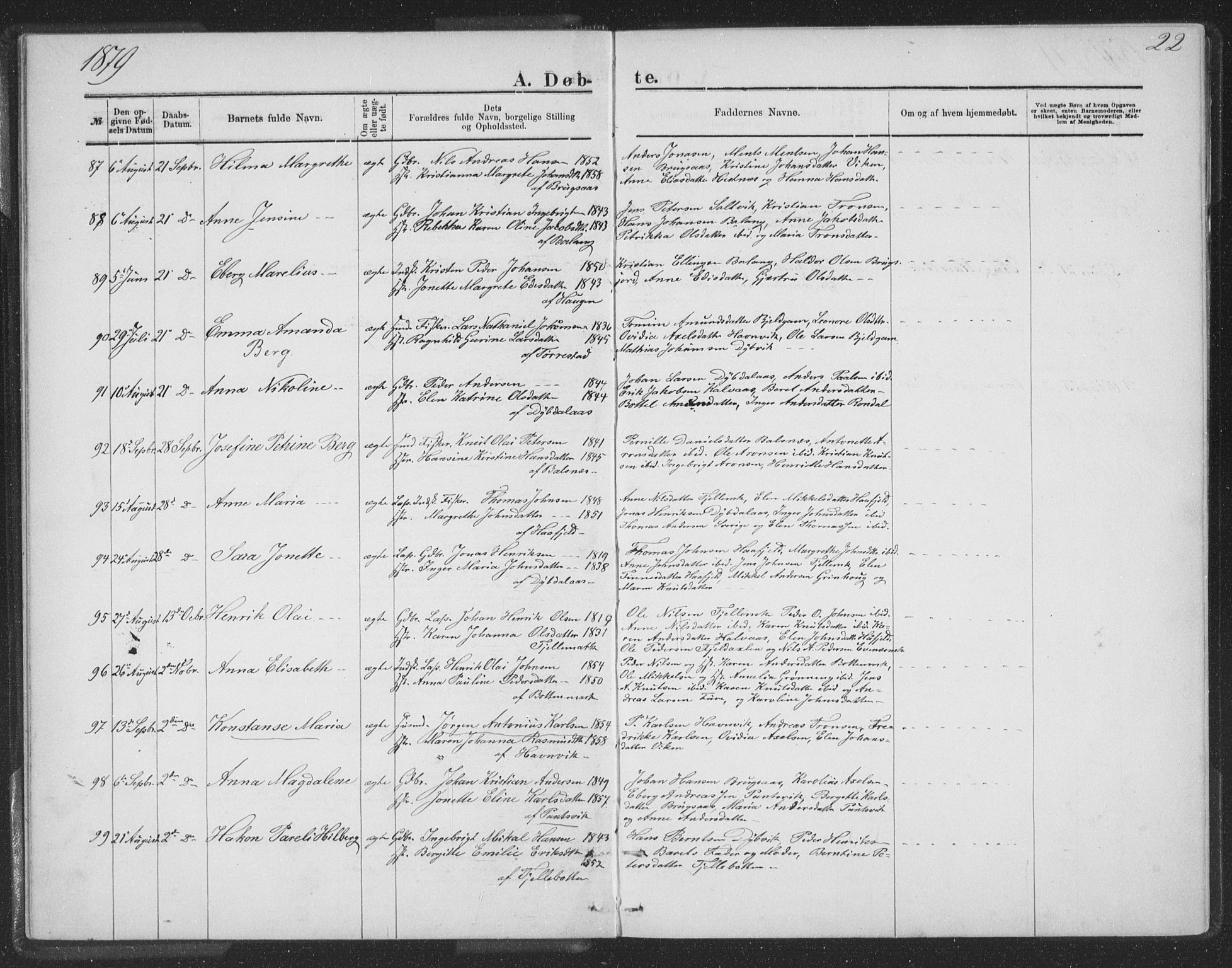Ministerialprotokoller, klokkerbøker og fødselsregistre - Nordland, AV/SAT-A-1459/863/L0913: Klokkerbok nr. 863C03, 1877-1885, s. 22
