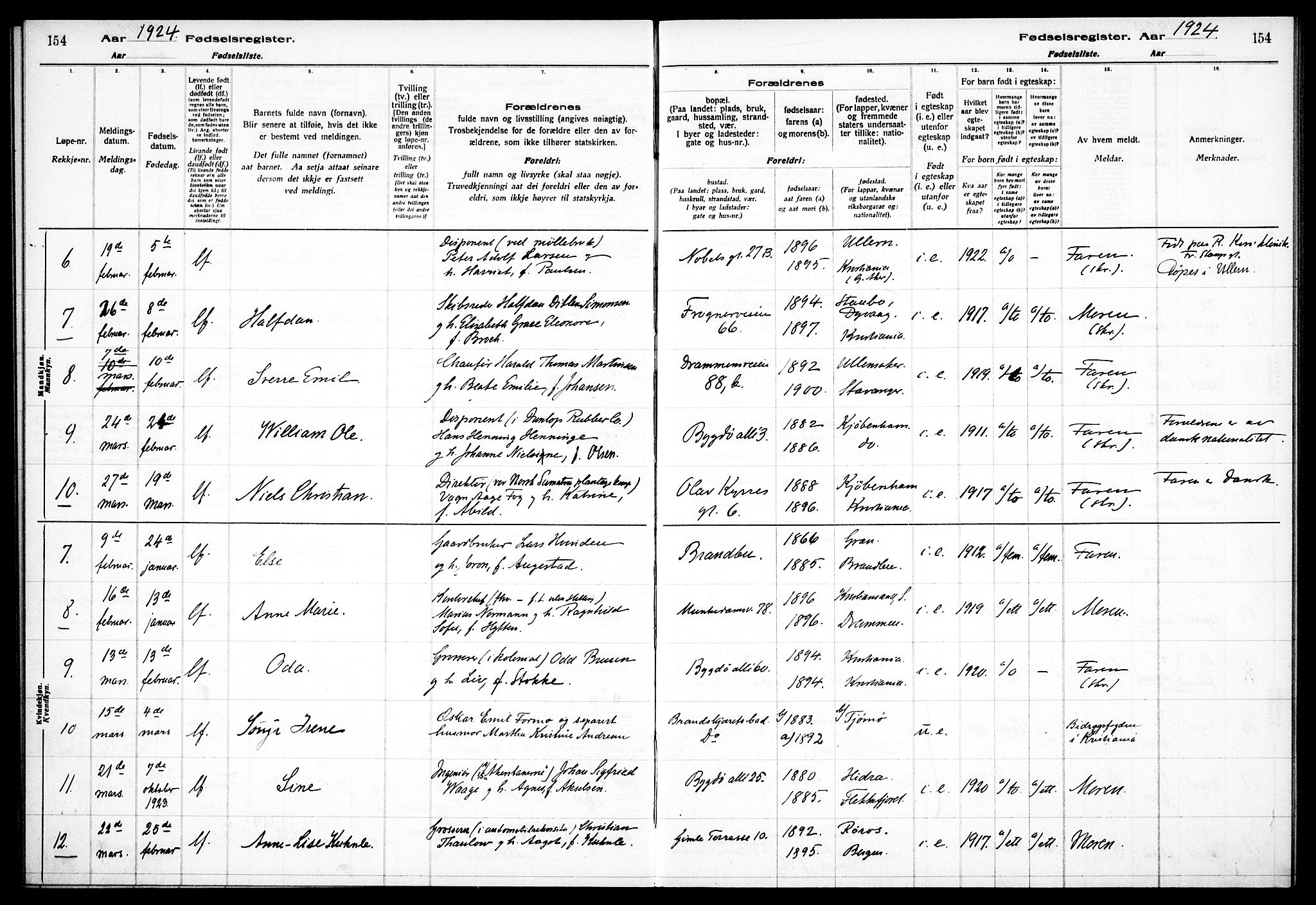 Frogner prestekontor Kirkebøker, SAO/A-10886/J/Ja/L0001: Fødselsregister nr. 1, 1916-1927, s. 154