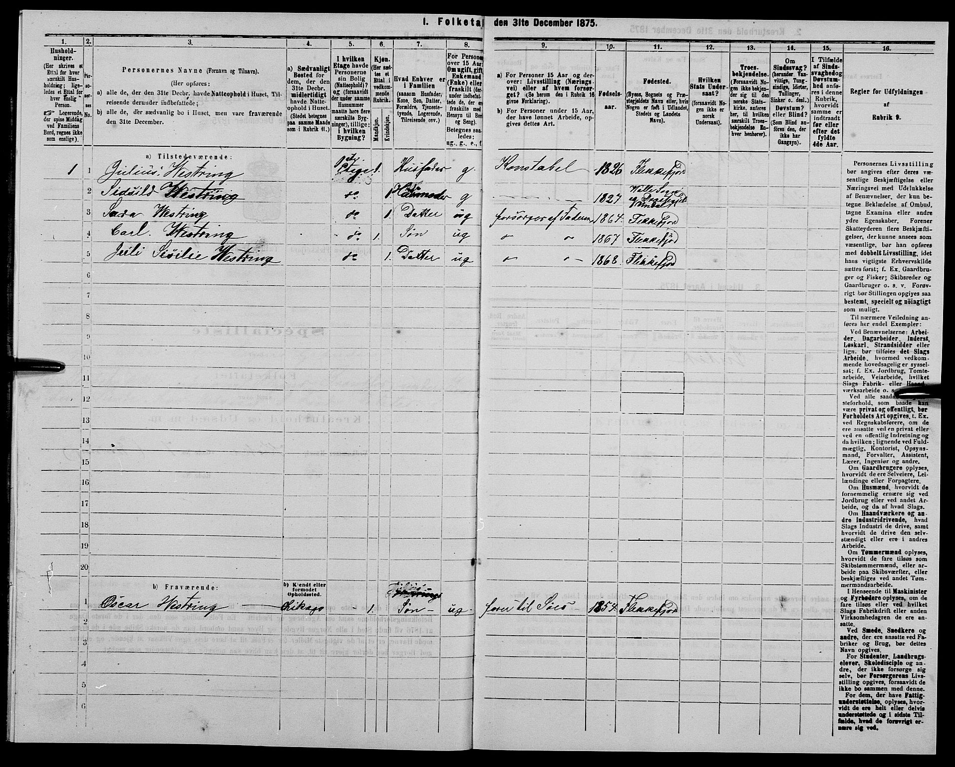 SAK, Folketelling 1875 for 1004B Flekkefjord prestegjeld, Flekkefjord kjøpstad, 1875, s. 406