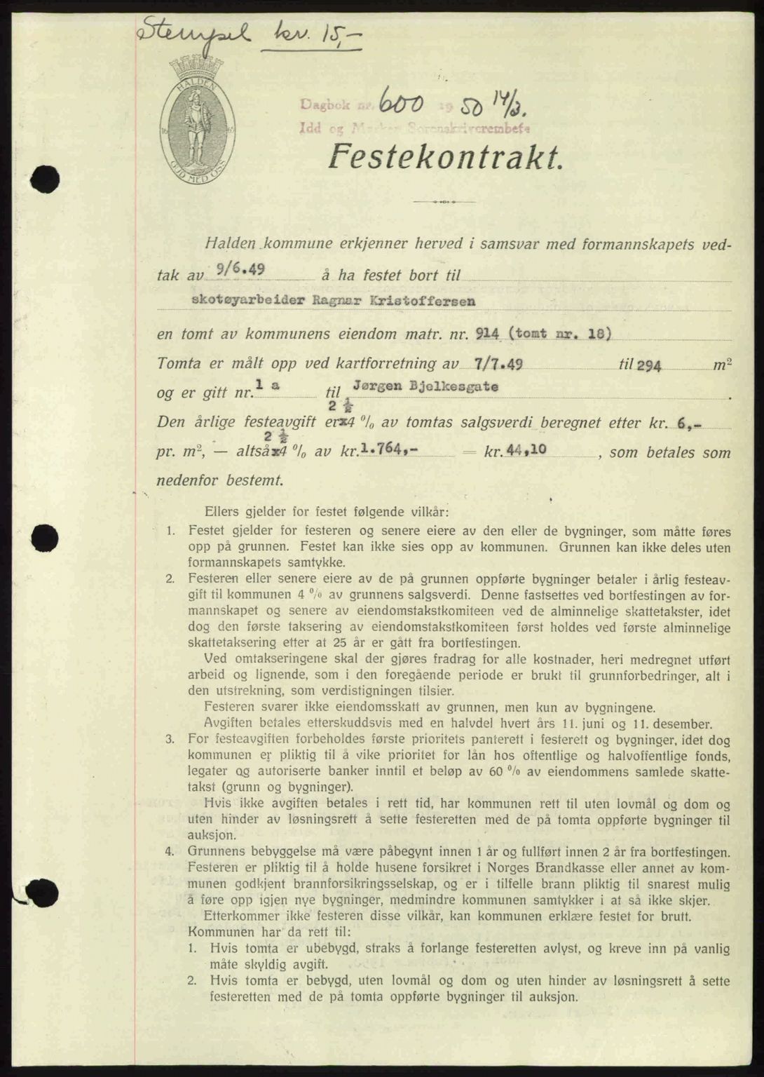 Idd og Marker sorenskriveri, AV/SAO-A-10283/G/Gb/Gbb/L0014: Pantebok nr. A14, 1950-1950, Dagboknr: 600/1950