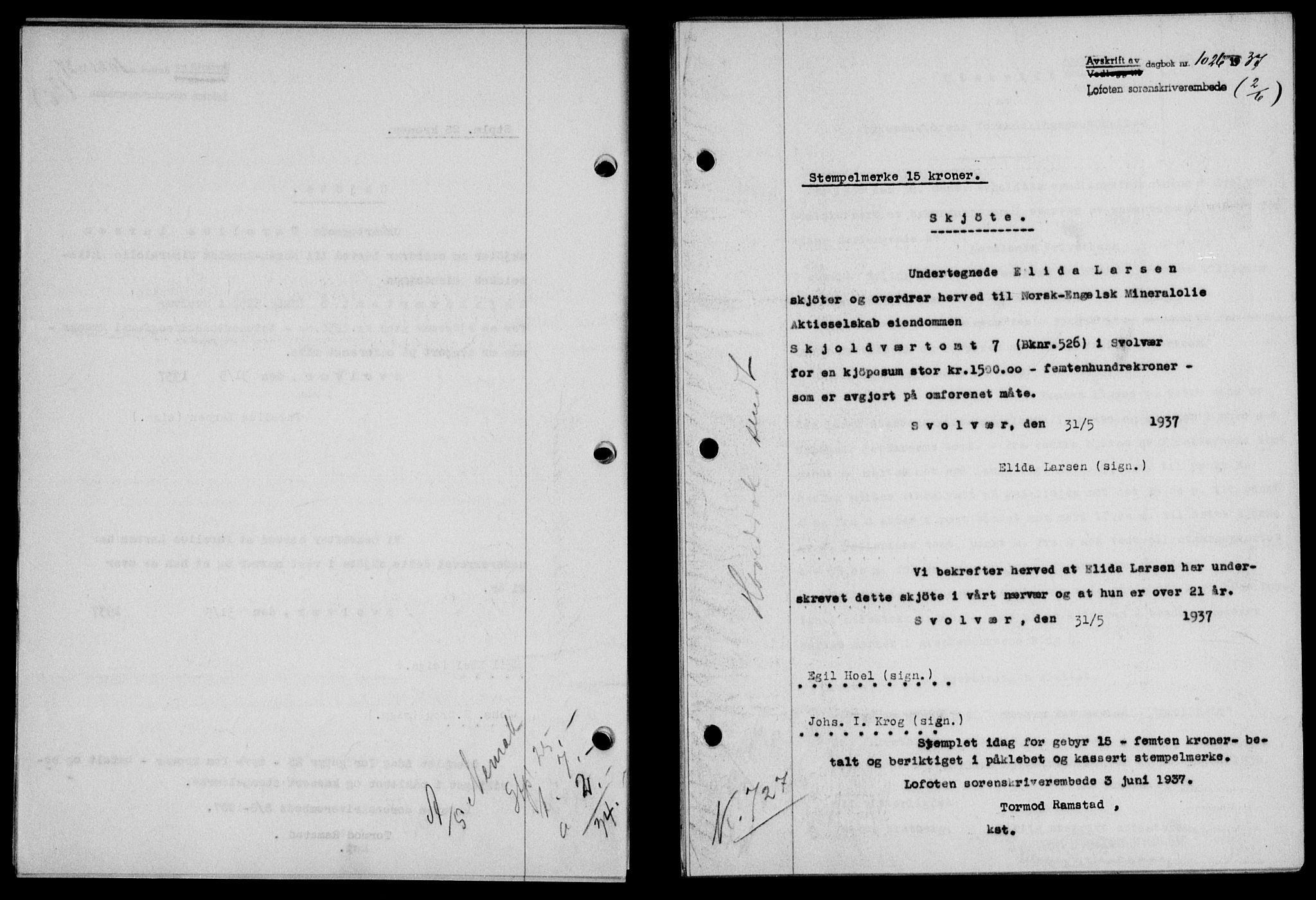 Lofoten sorenskriveri, SAT/A-0017/1/2/2C/L0002a: Pantebok nr. 2a, 1937-1937, Dagboknr: 1026/1937