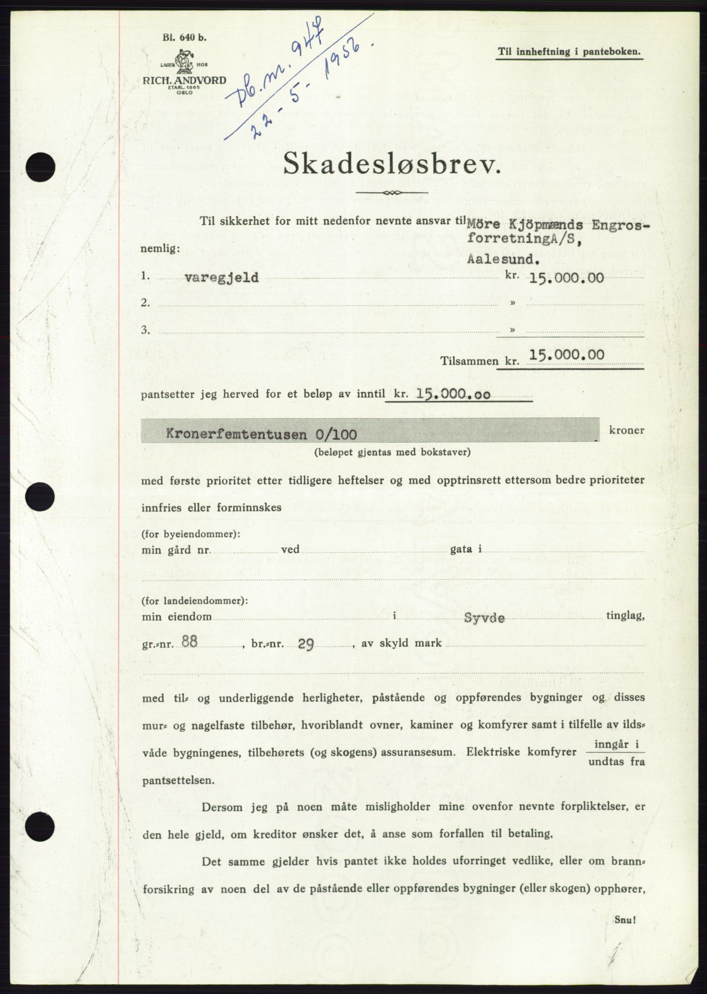Søre Sunnmøre sorenskriveri, SAT/A-4122/1/2/2C/L0128: Pantebok nr. 16B, 1956-1956, Dagboknr: 947/1956