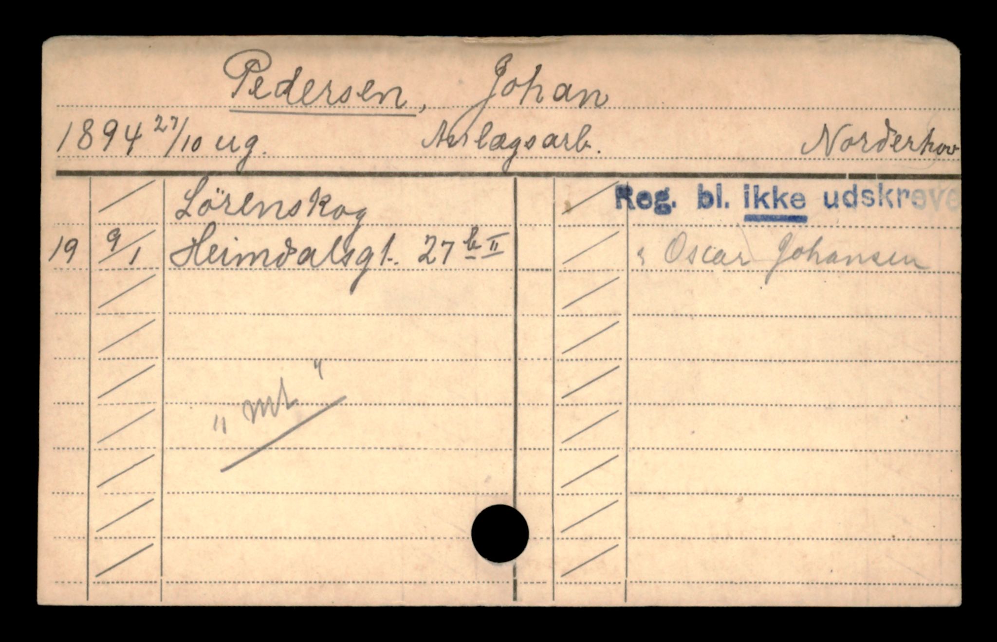 Oslo folkeregister, Registerkort, AV/SAO-A-11715/D/Da/L0076: Menn: Person Johan - Peters Disen, 1906-1919