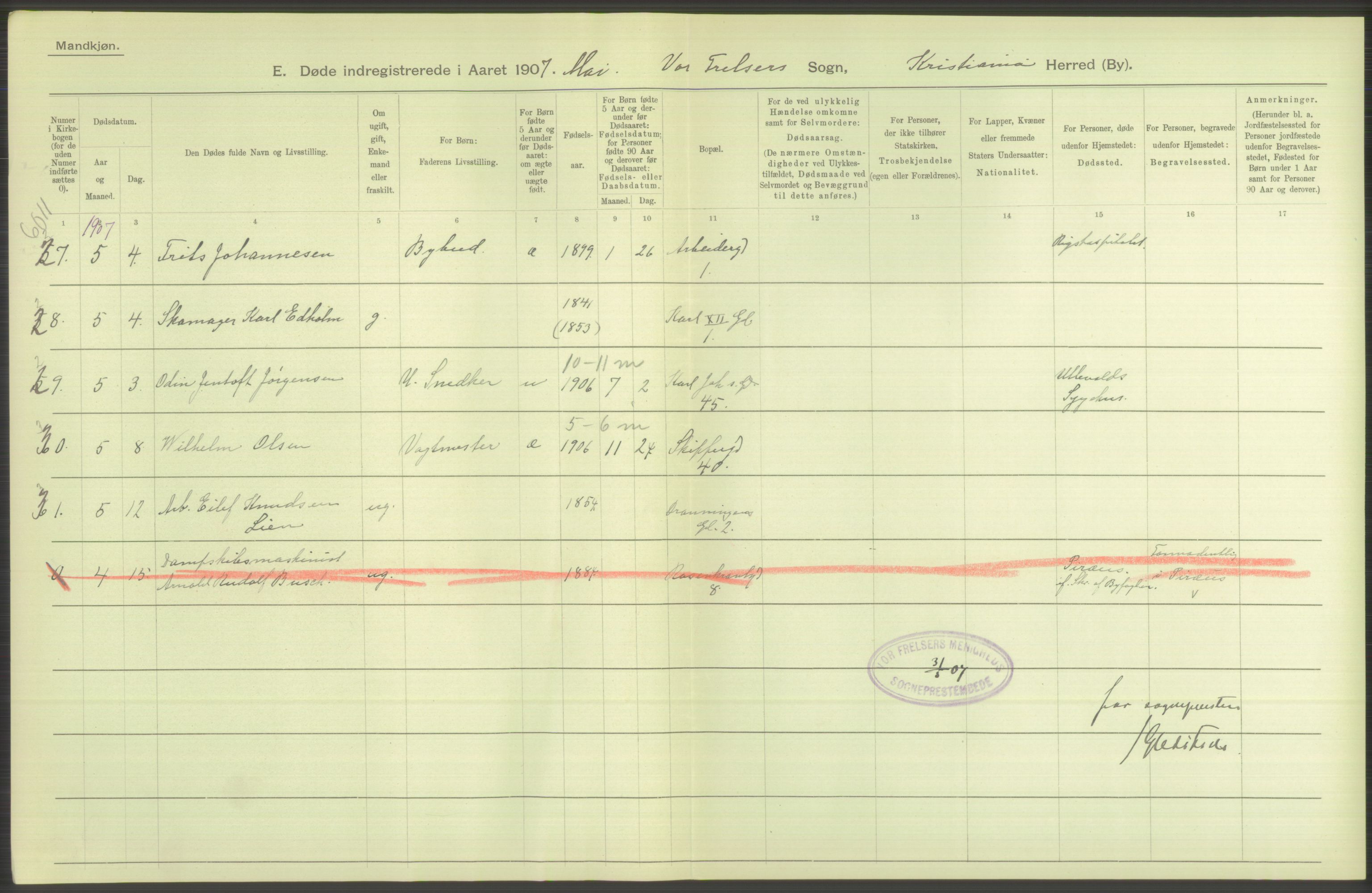 Statistisk sentralbyrå, Sosiodemografiske emner, Befolkning, AV/RA-S-2228/D/Df/Dfa/Dfae/L0010: Kristiania: Døde, dødfødte, 1907, s. 422