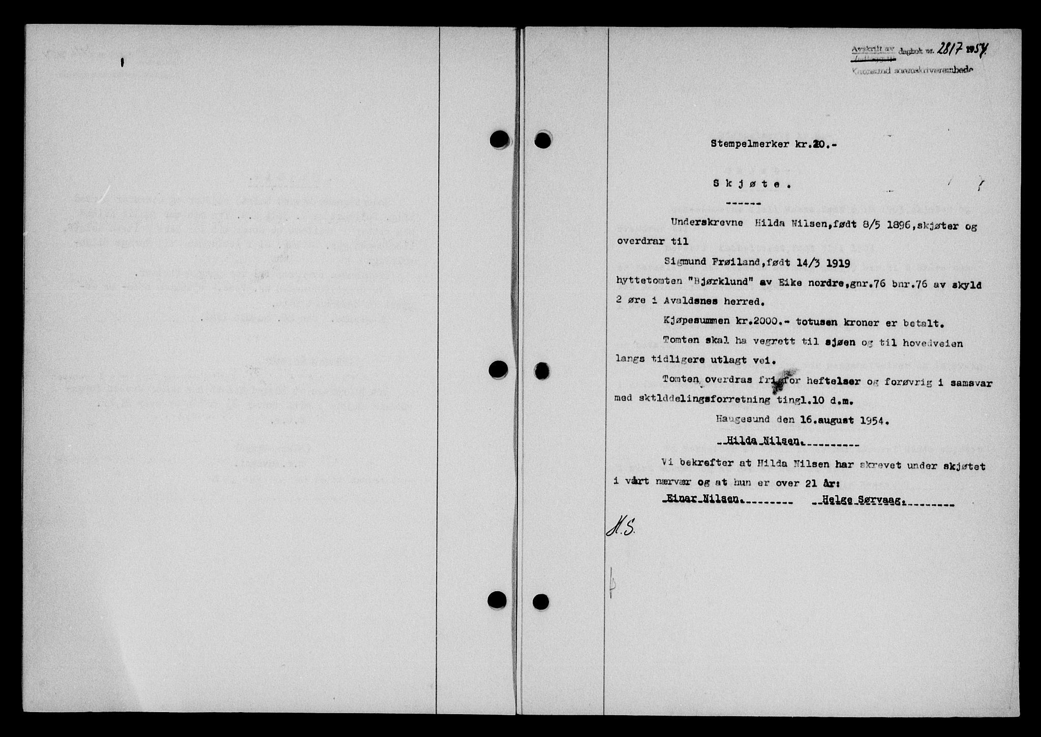 Karmsund sorenskriveri, SAST/A-100311/01/II/IIB/L0113: Pantebok nr. 93A, 1954-1954, Dagboknr: 2817/1954