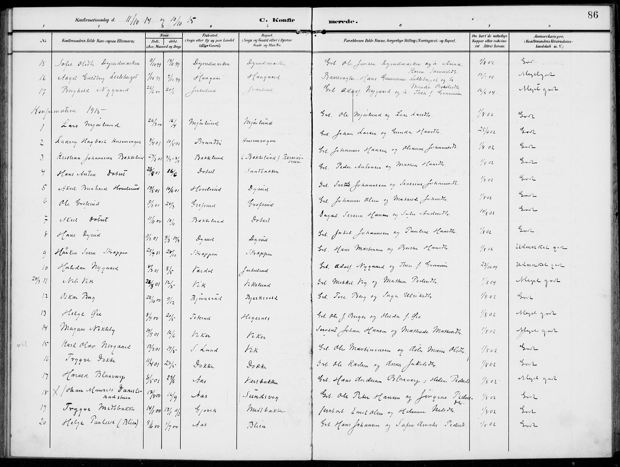 Kolbu prestekontor, AV/SAH-PREST-110/H/Ha/Haa/L0001: Ministerialbok nr. 1, 1907-1923, s. 86