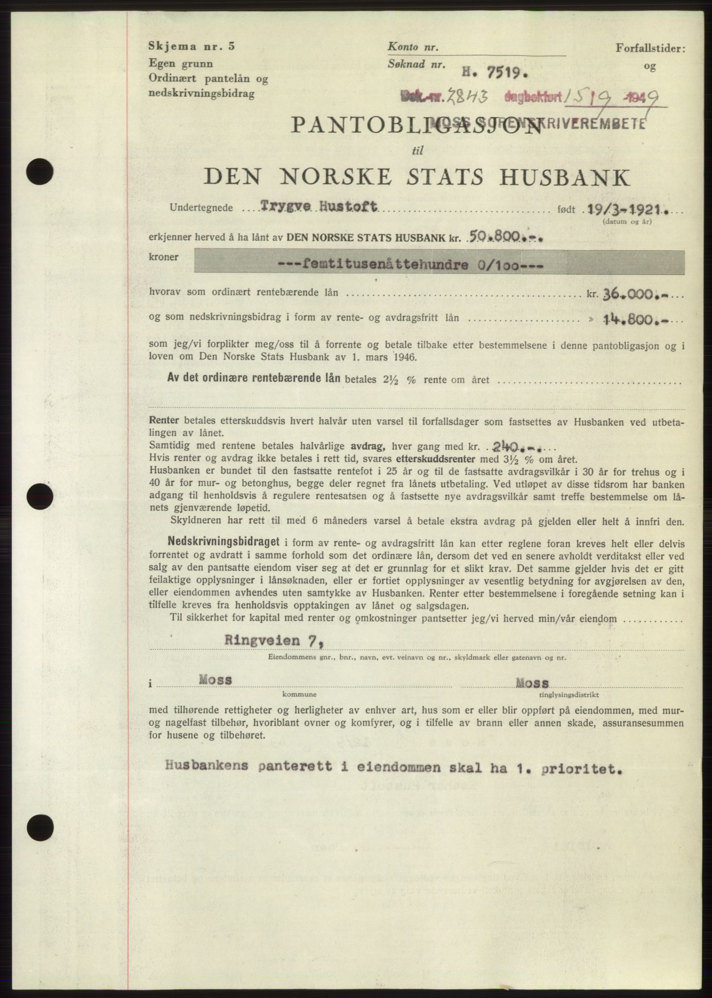 Moss sorenskriveri, SAO/A-10168: Pantebok nr. B22, 1949-1949, Dagboknr: 2843/1949