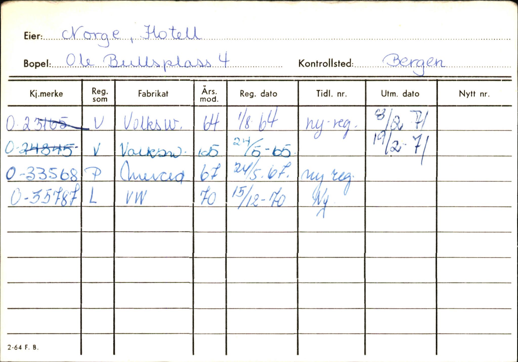 Statens vegvesen, Hordaland vegkontor, SAB/A-5201/2/Hb/L0026: O-eierkort N-O, 1920-1971, s. 1