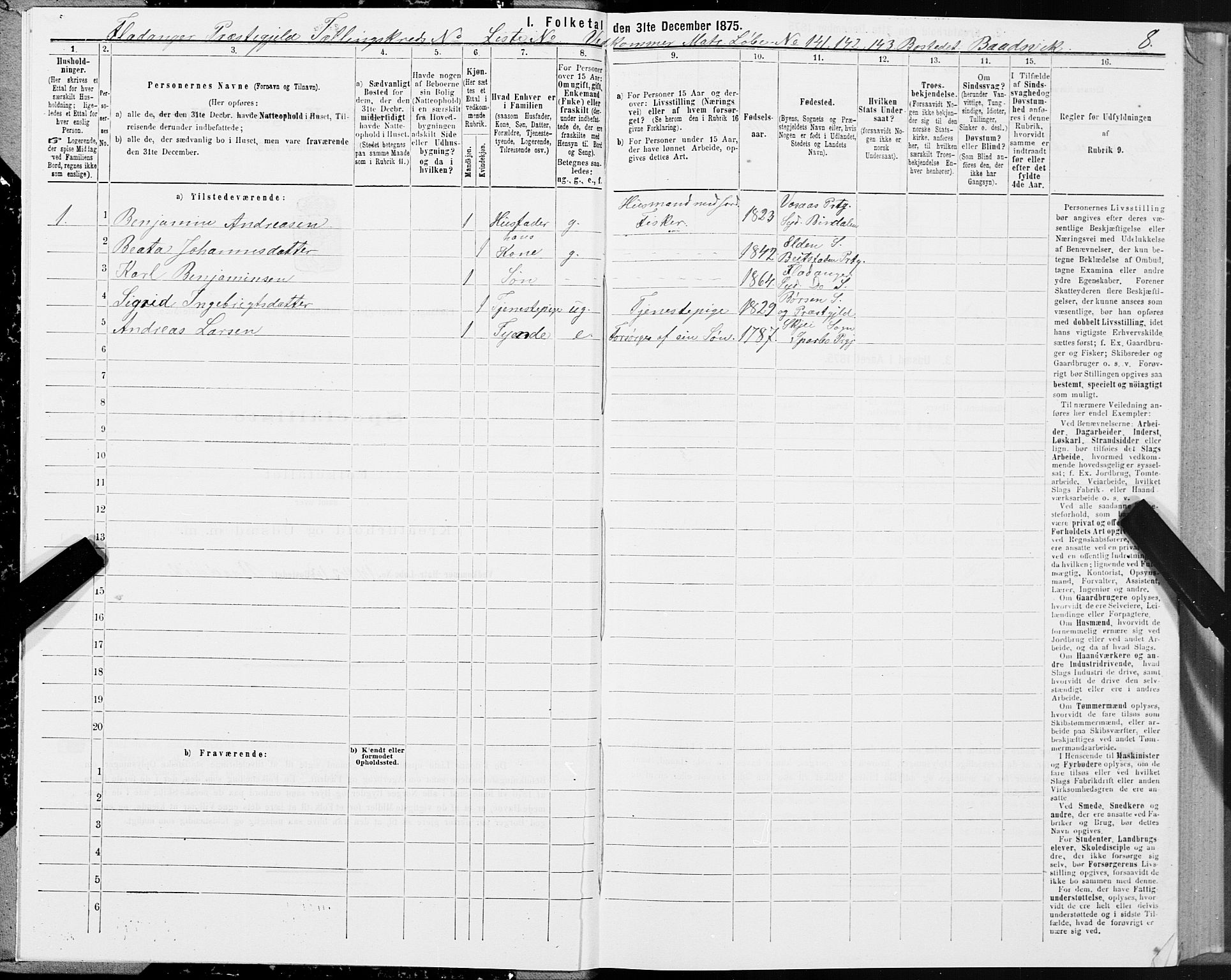 SAT, Folketelling 1875 for 1749P Flatanger prestegjeld, 1875, s. 1008