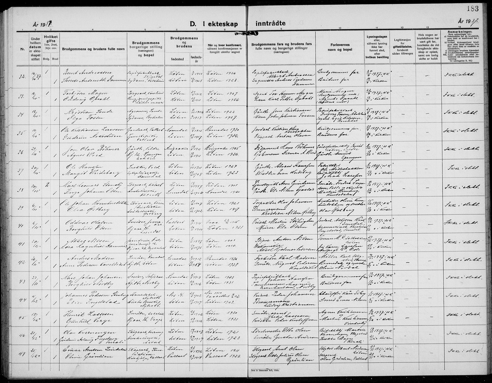 Løten prestekontor, AV/SAH-PREST-022/L/La/L0009: Klokkerbok nr. 9, 1930-1939, s. 183