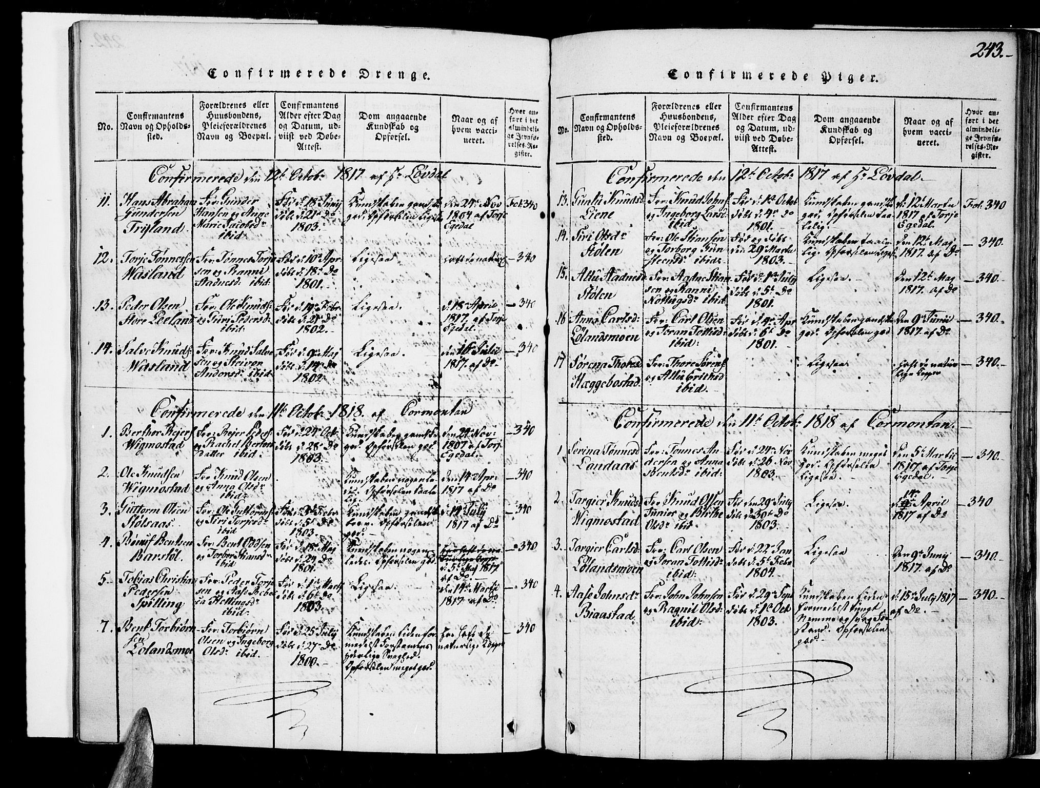 Nord-Audnedal sokneprestkontor, SAK/1111-0032/F/Fa/Fab/L0001: Ministerialbok nr. A 1, 1816-1858, s. 243
