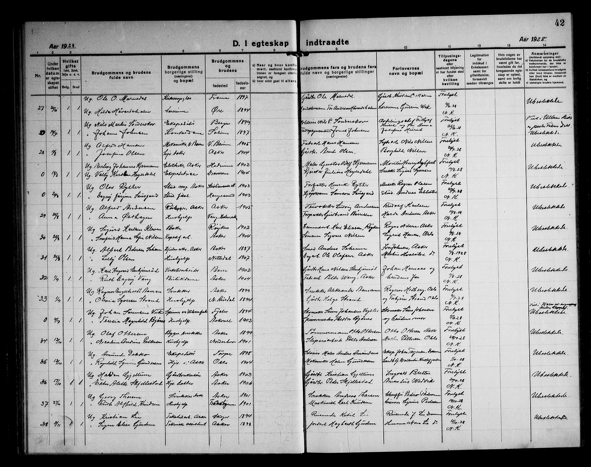 Asker prestekontor Kirkebøker, SAO/A-10256a/F/Fa/L0020: Ministerialbok nr. I 20, 1918-1948, s. 42