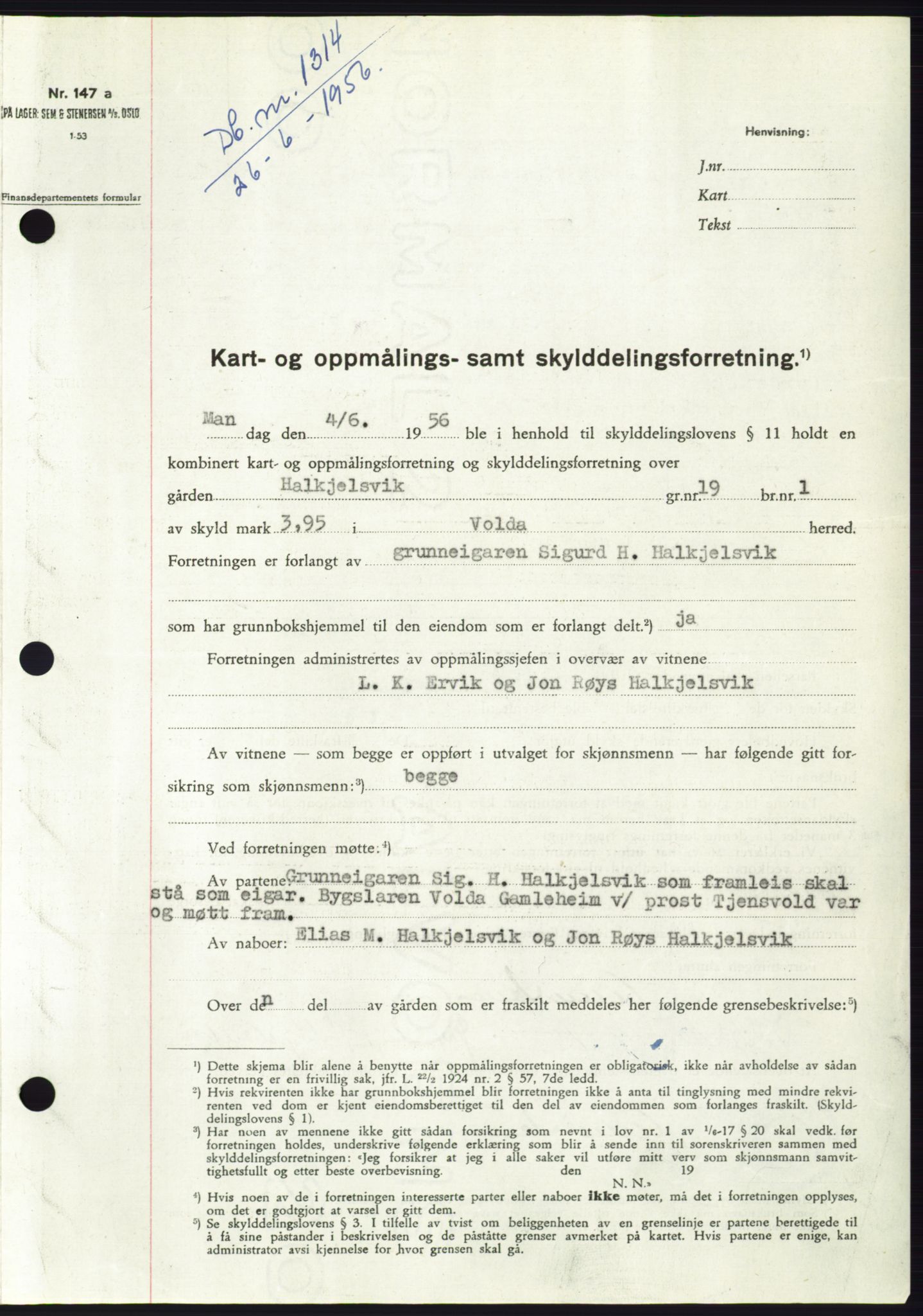 Søre Sunnmøre sorenskriveri, AV/SAT-A-4122/1/2/2C/L0104: Pantebok nr. 30A, 1956-1956, Dagboknr: 1314/1956