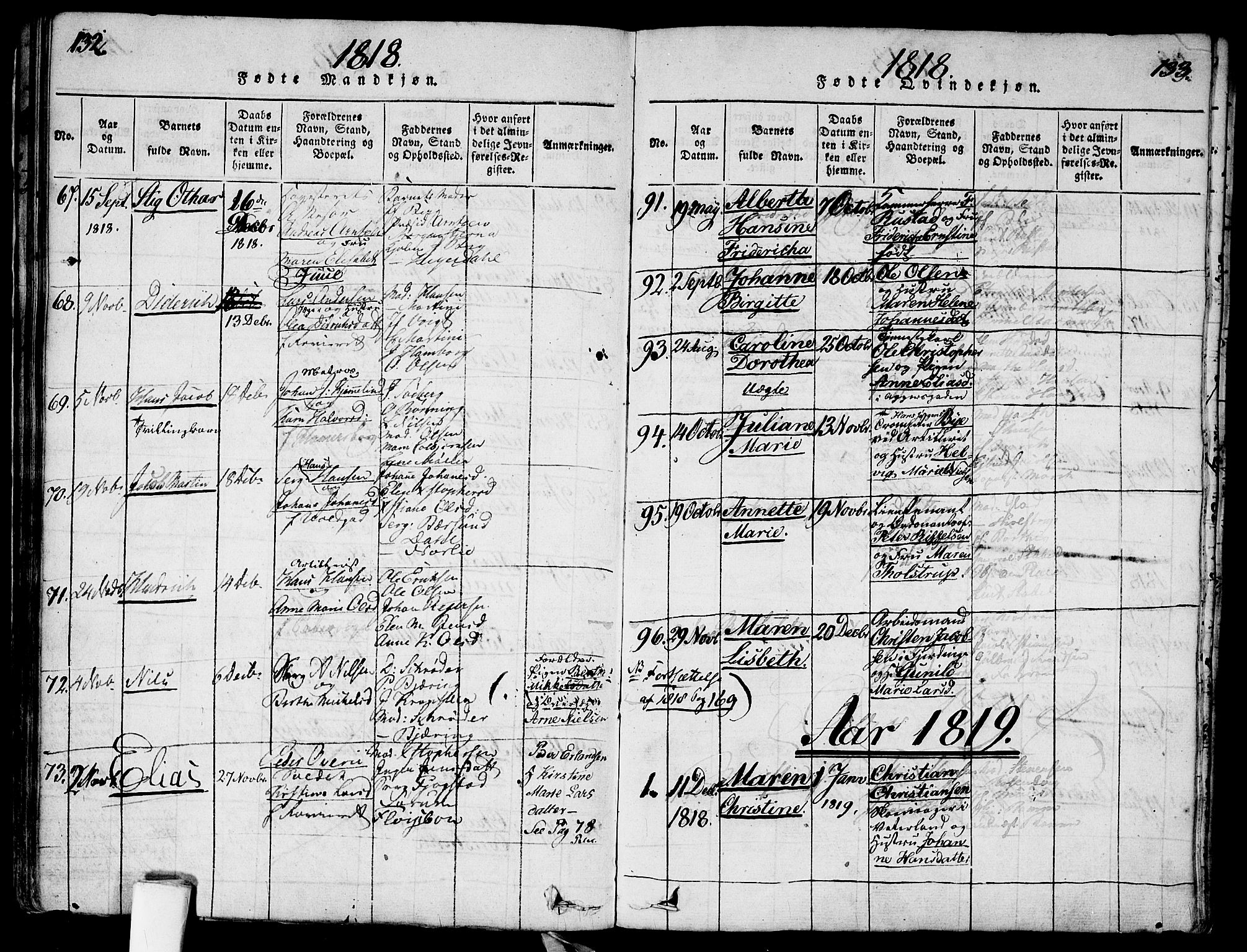 Garnisonsmenigheten Kirkebøker, AV/SAO-A-10846/G/Ga/L0003: Klokkerbok nr. 3, 1815-1819, s. 132-133