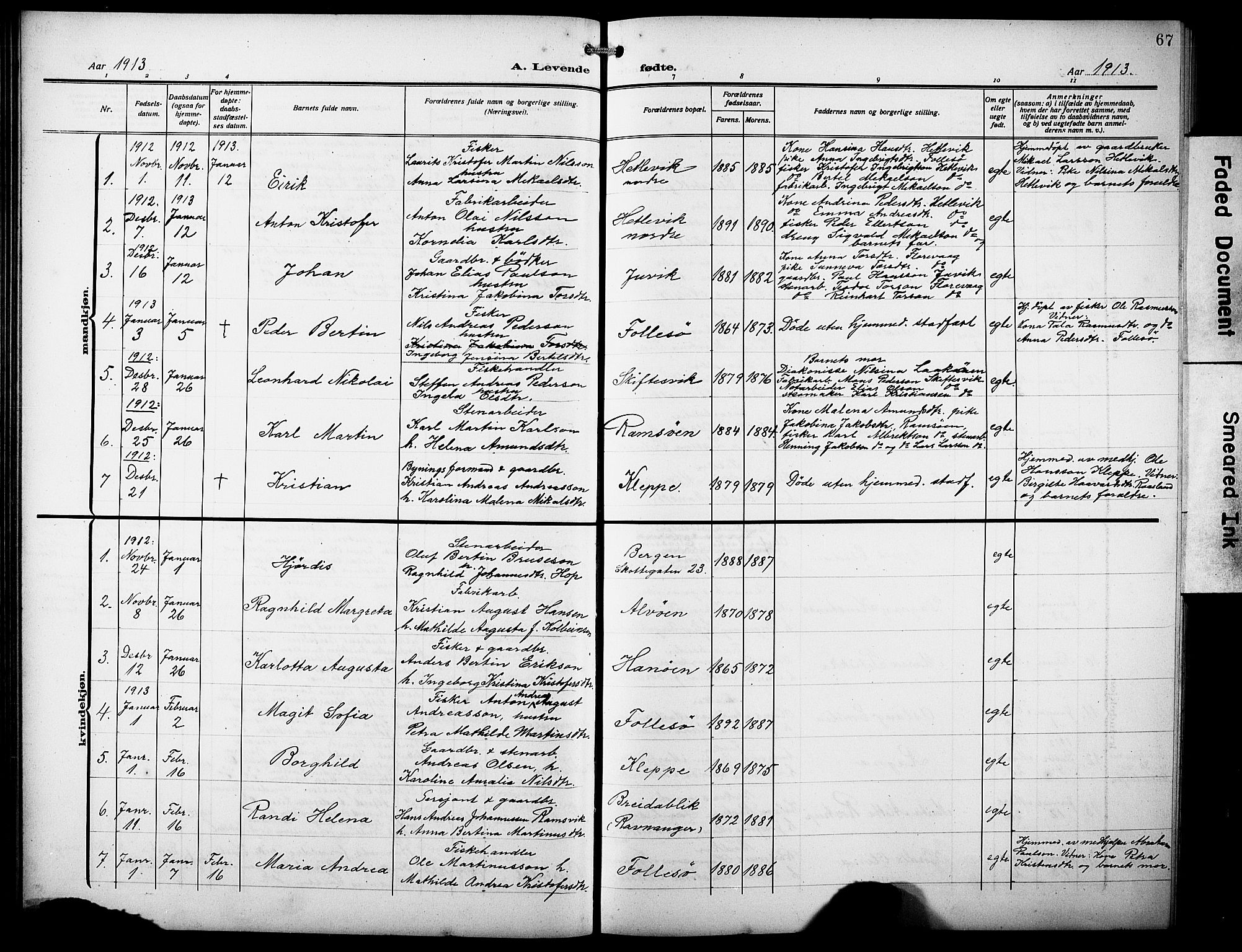 Askøy Sokneprestembete, AV/SAB-A-74101/H/Ha/Hab/Haba/L0011: Klokkerbok nr. A 11, 1908-1931, s. 67