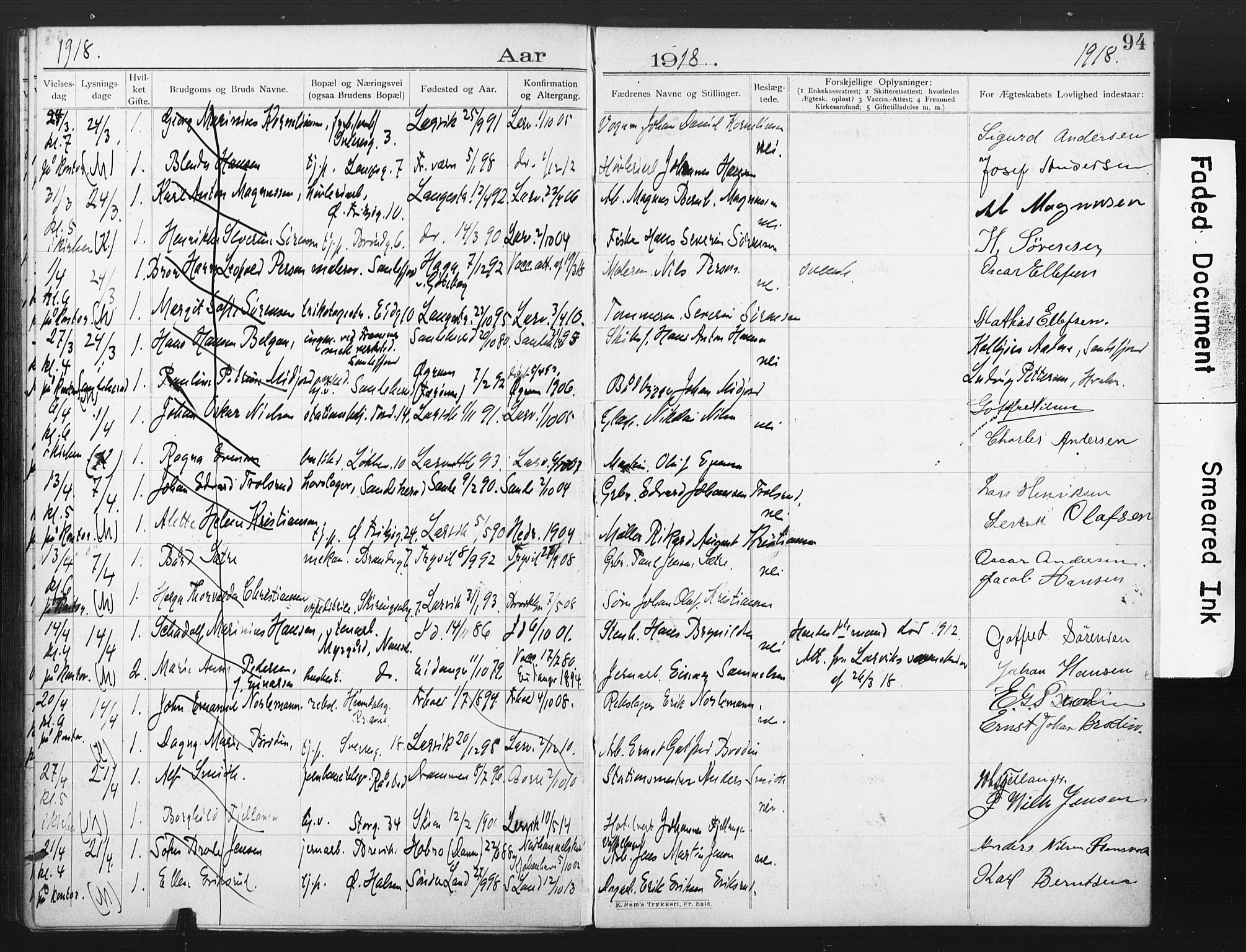 Larvik kirkebøker, AV/SAKO-A-352/H/Ha/L0003: Lysningsprotokoll nr. 3, 1907-1918, s. 94