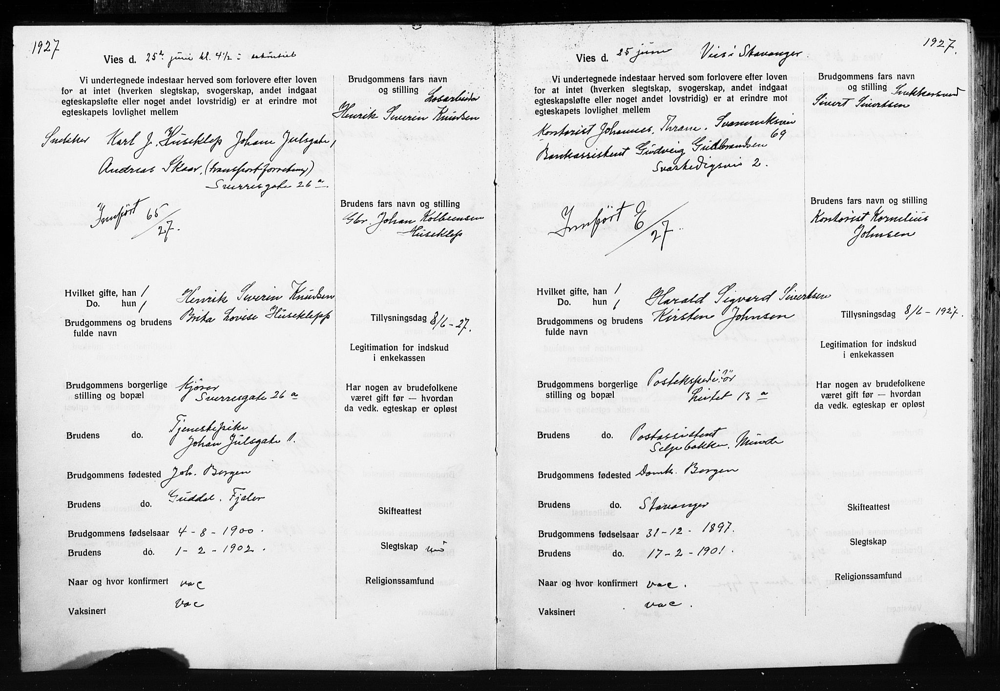 Domkirken sokneprestembete, SAB/A-74801: Forlovererklæringer nr. II.5.15, 1927-1932, s. 3
