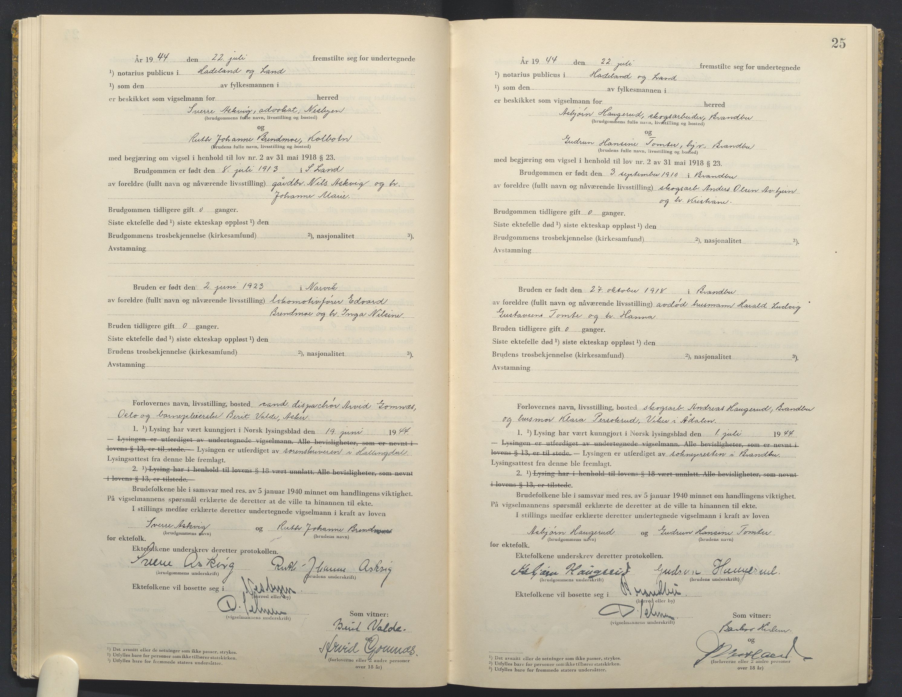 Hadeland og Land tingrett, AV/SAH-TING-010/L/Lb/L0003: Vigselbok, 1944-1946, s. 25