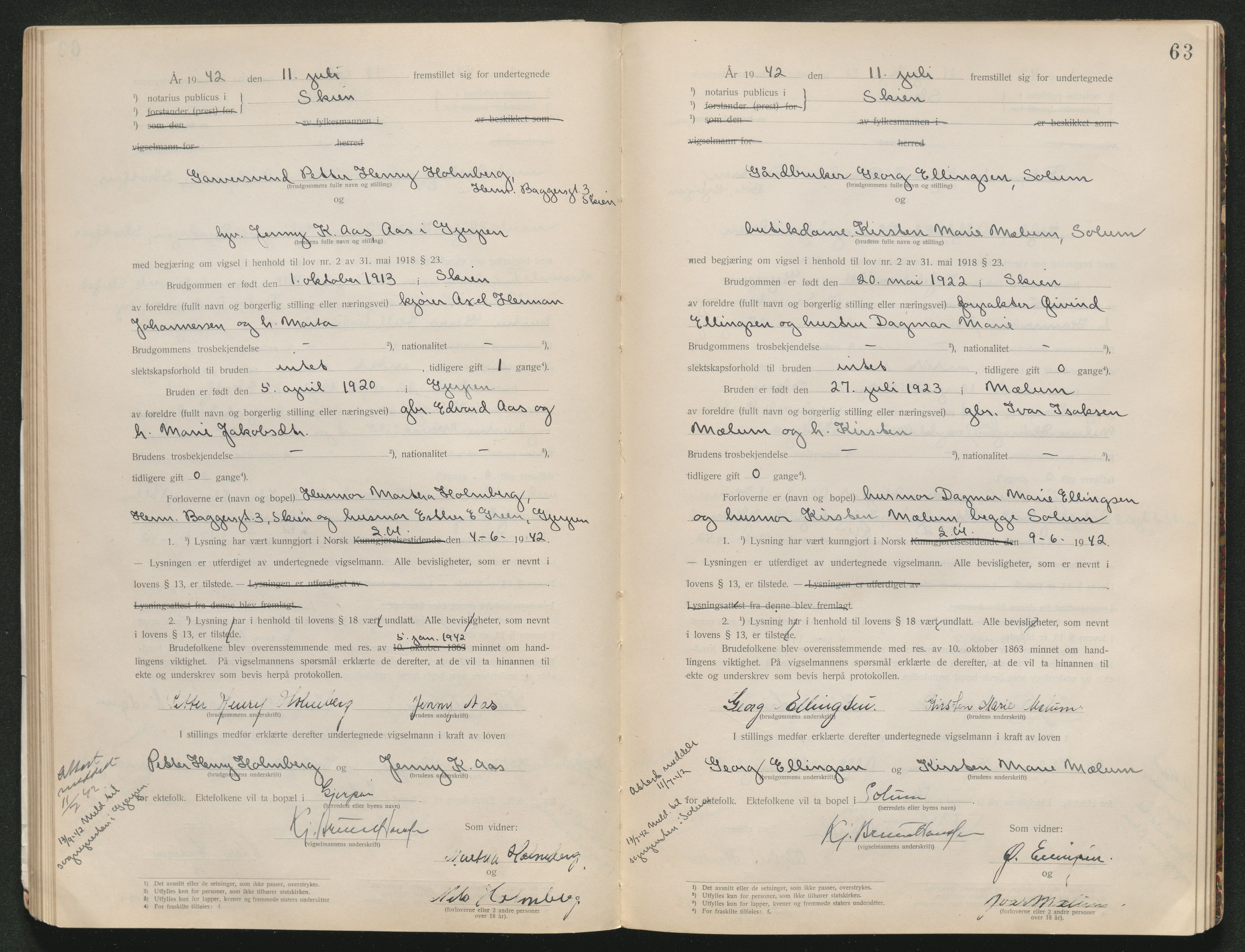Skien sorenskriveri, AV/SAKO-A-225/L/La/L0001: Vigselsprotokoll, 1920-1947, s. 63