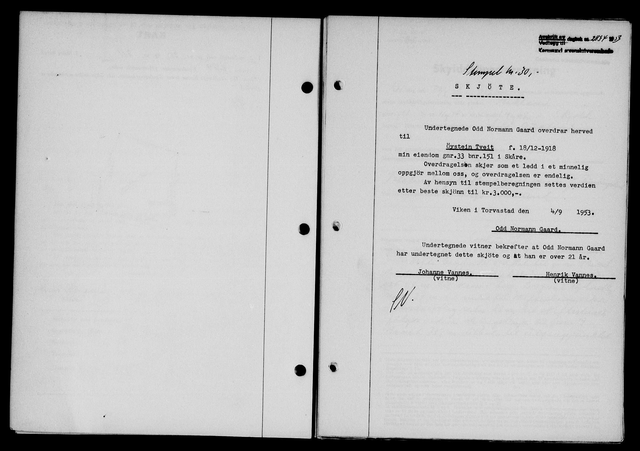 Karmsund sorenskriveri, SAST/A-100311/01/II/IIB/L0109: Pantebok nr. 89A, 1953-1953, Dagboknr: 2834/1953