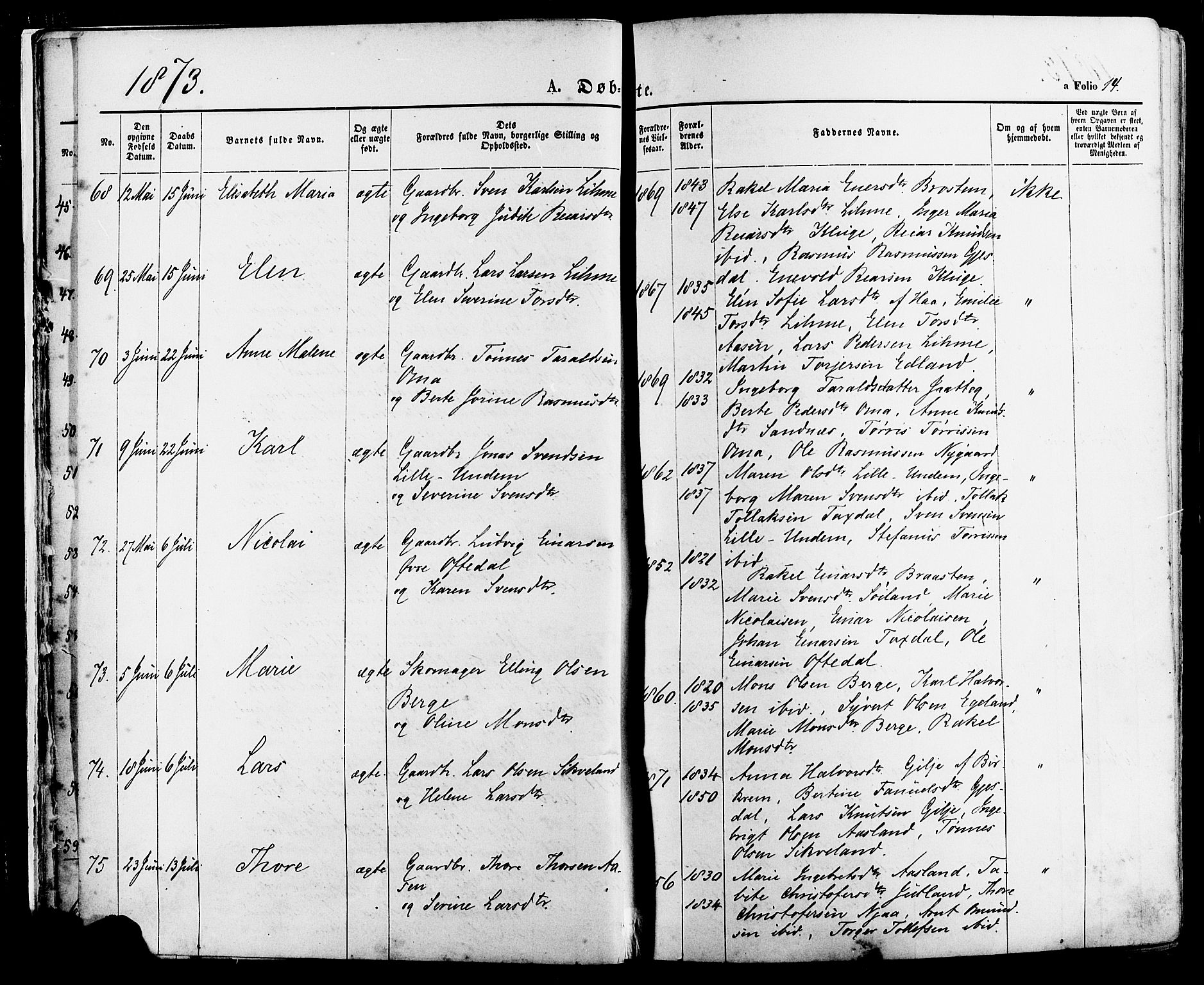Lye sokneprestkontor, AV/SAST-A-101794/001/30BA/L0008: Ministerialbok nr. A 7, 1872-1881, s. 14