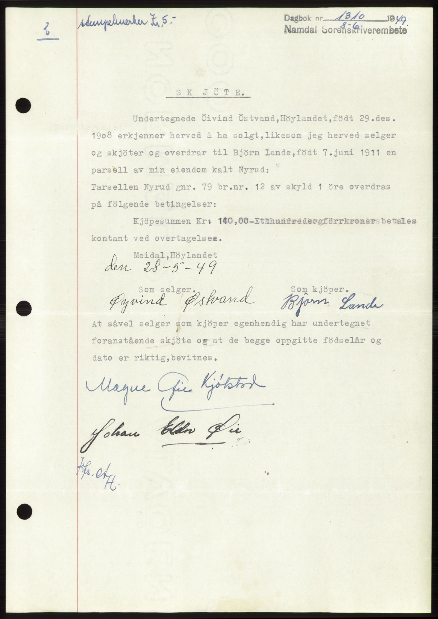 Namdal sorenskriveri, SAT/A-4133/1/2/2C: Pantebok nr. -, 1949-1949, Dagboknr: 1310/1949