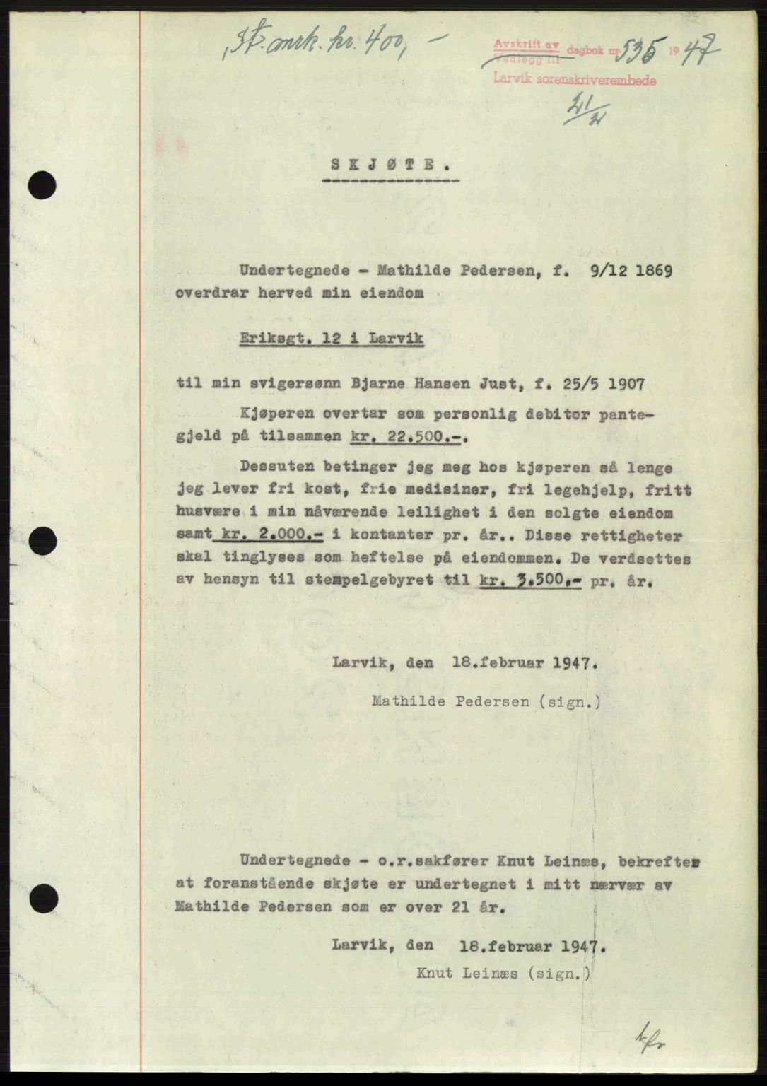 Larvik sorenskriveri, SAKO/A-83/G/Ga/Gab/L0083: Pantebok nr. A-17, 1946-1947, Dagboknr: 535/1947