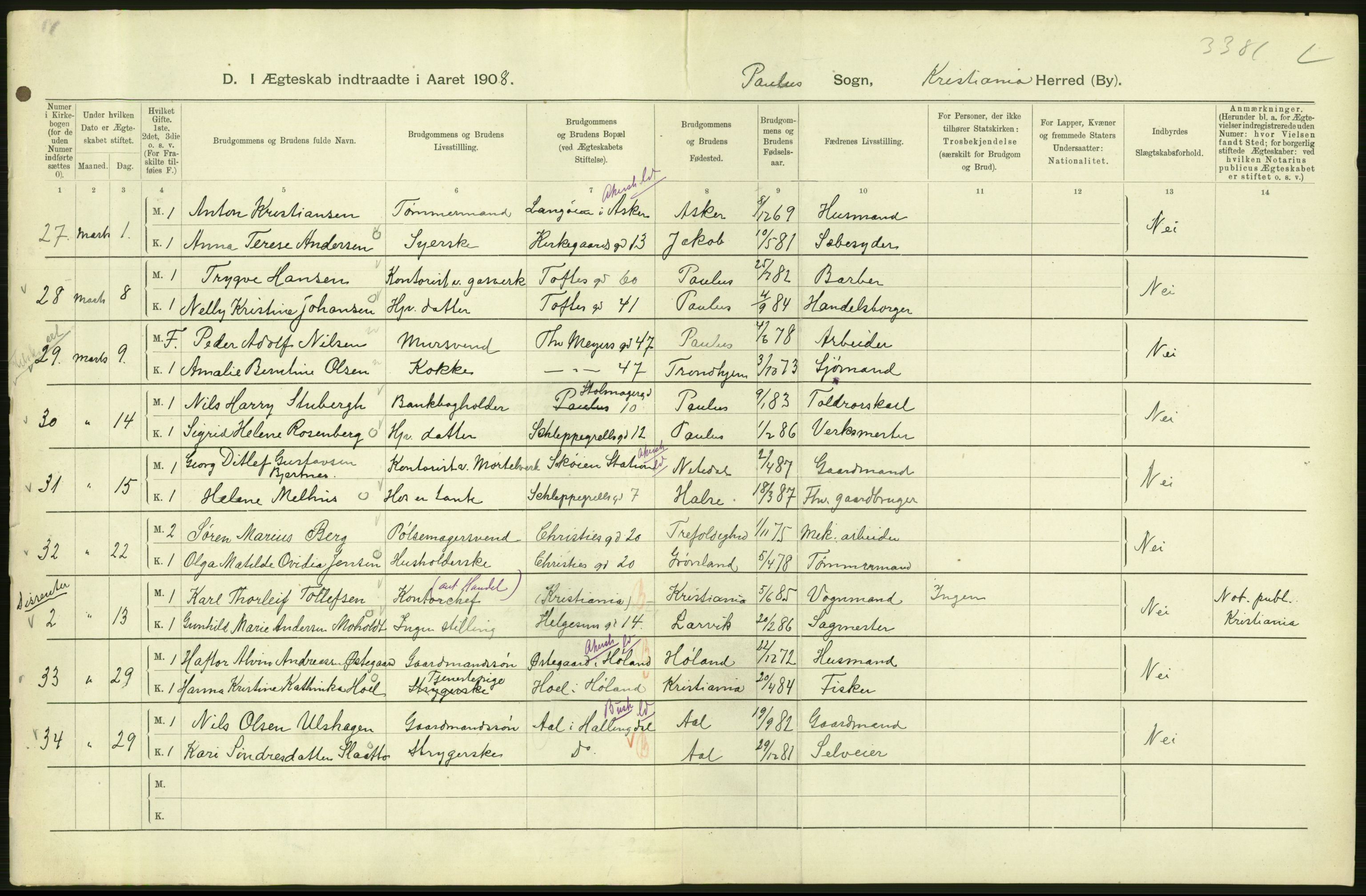 Statistisk sentralbyrå, Sosiodemografiske emner, Befolkning, AV/RA-S-2228/D/Df/Dfa/Dfaf/L0007: Kristiania: Gifte, 1908, s. 290