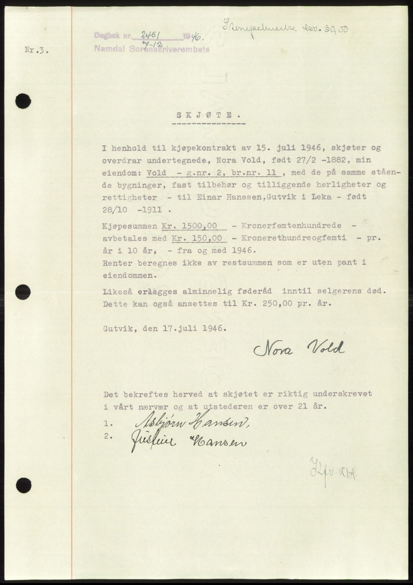 Namdal sorenskriveri, SAT/A-4133/1/2/2C: Pantebok nr. -, 1946-1947, Dagboknr: 2451/1946