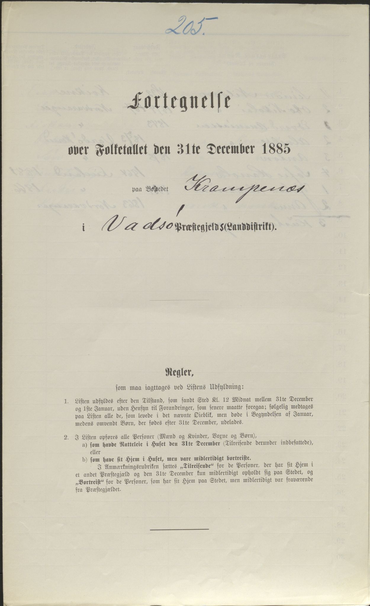 SATØ, Folketelling 1885 for 2029 Vadsø landsogn, 1885, s. 205a