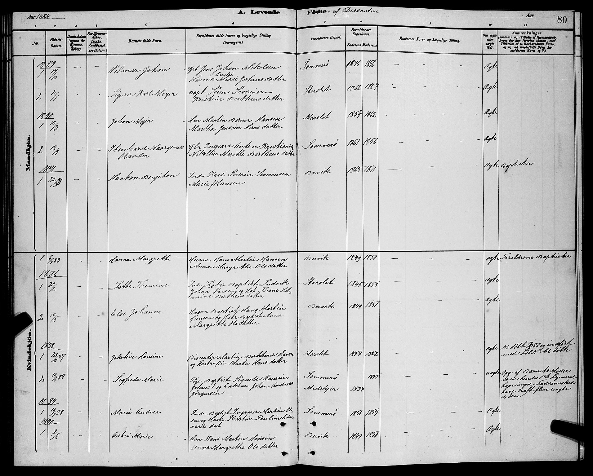 Lenvik sokneprestembete, AV/SATØ-S-1310/H/Ha/Hab/L0021klokker: Klokkerbok nr. 21, 1884-1900, s. 80