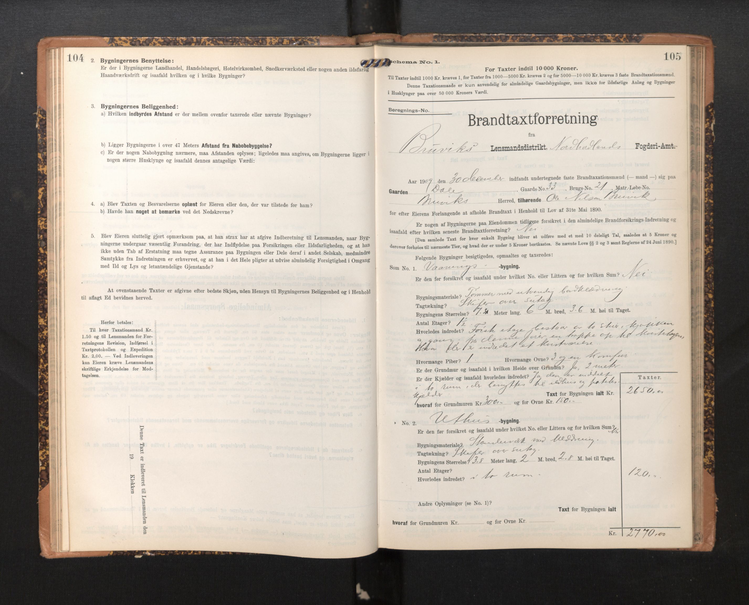 Lensmannen i Bruvik, AV/SAB-A-31301/0012/L0007: Branntakstprotokoll, skjematakst, 1906-1918, s. 104-105