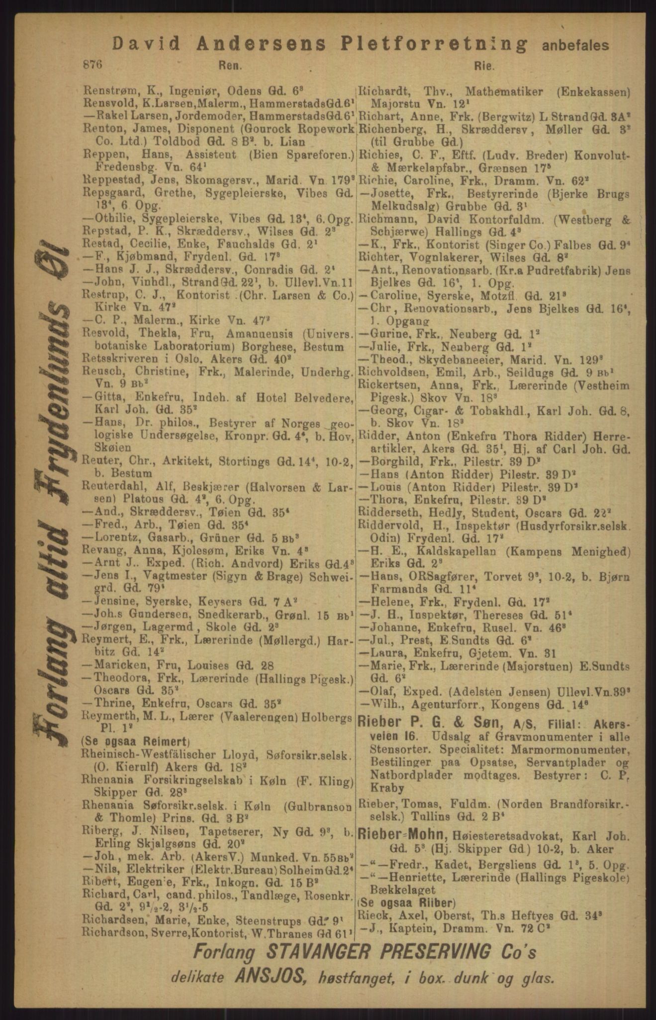 Kristiania/Oslo adressebok, PUBL/-, 1911, s. 876