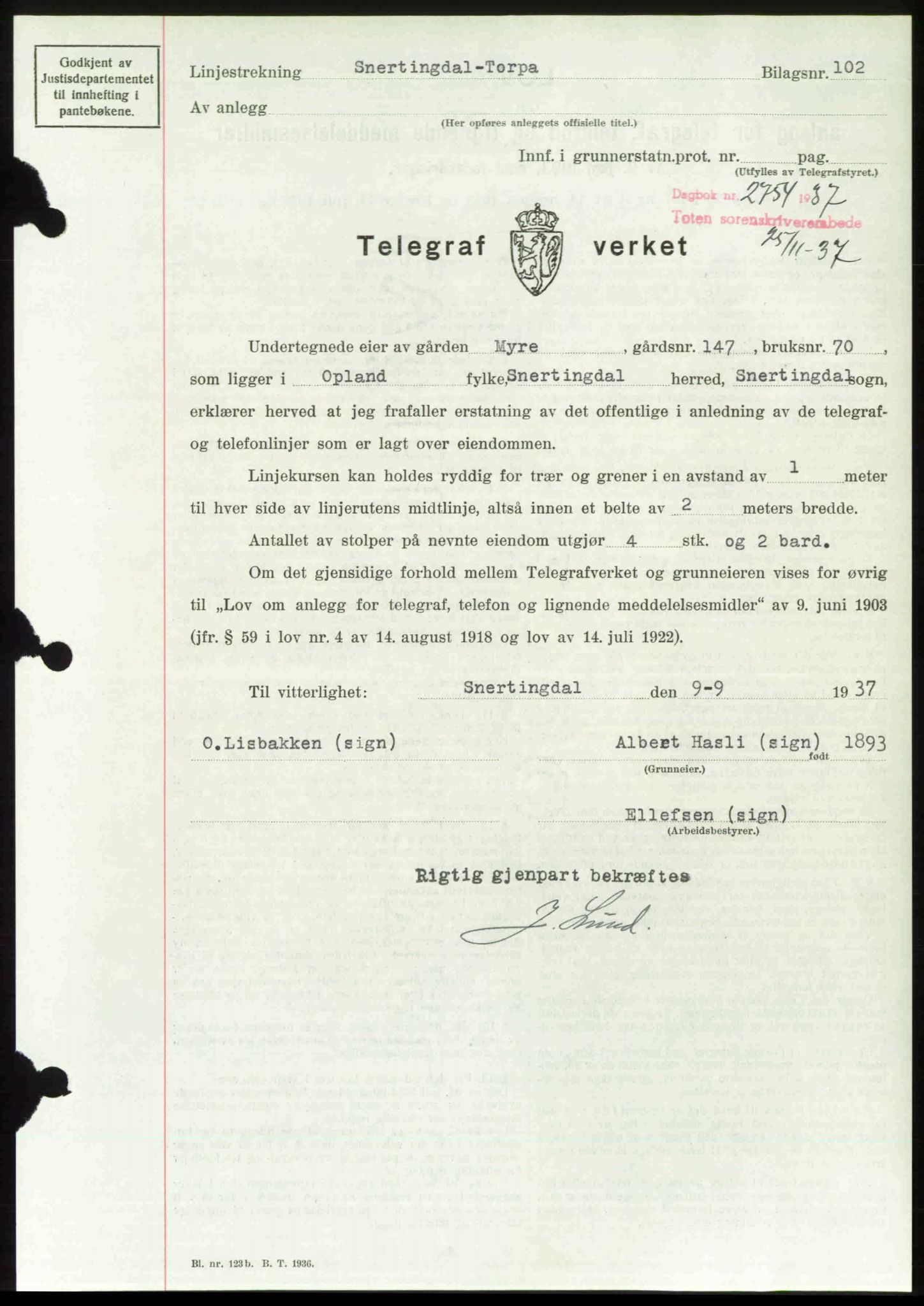 Toten tingrett, SAH/TING-006/H/Hb/Hbc/L0003: Pantebok nr. Hbc-03, 1937-1938, Dagboknr: 2754/1937