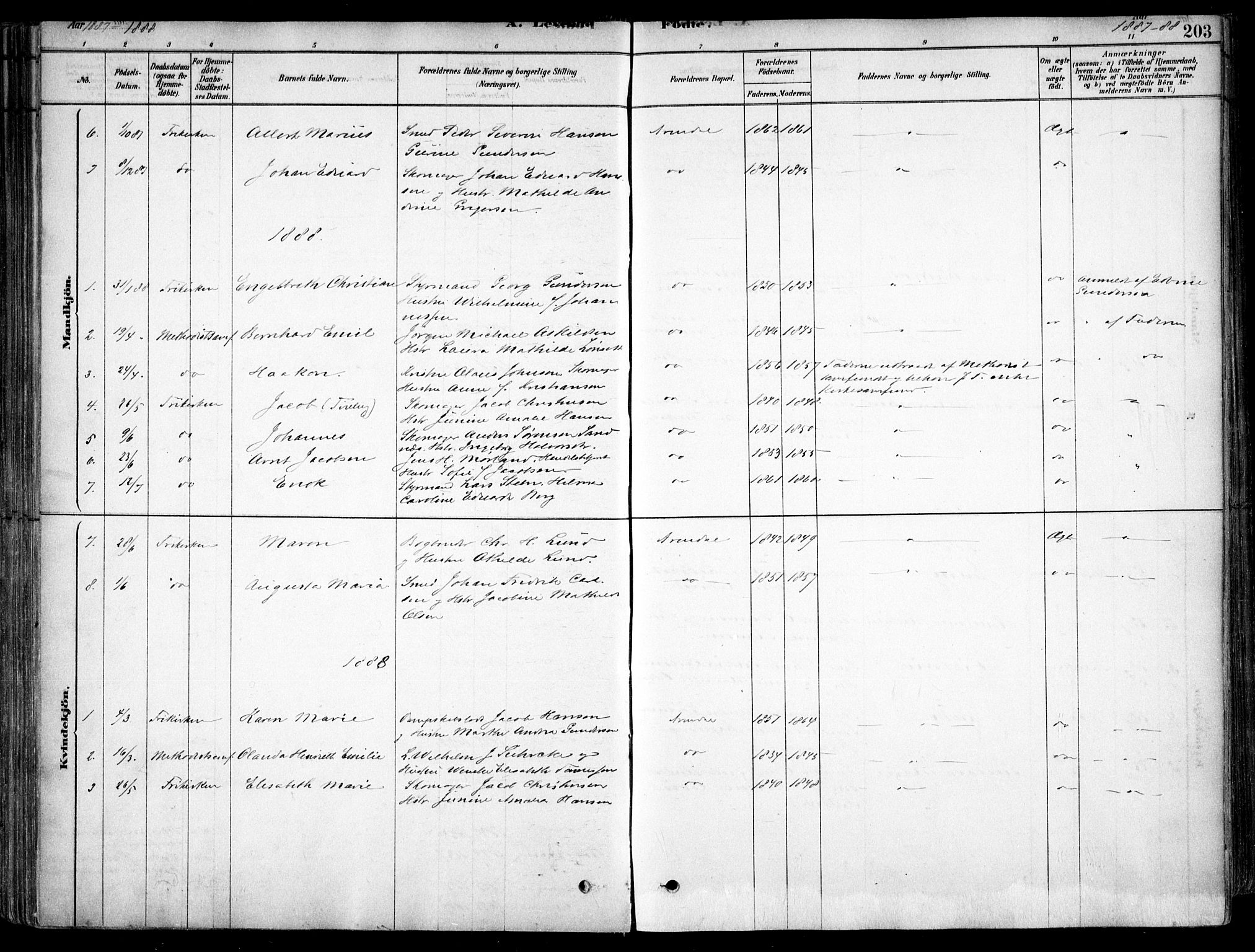 Arendal sokneprestkontor, Trefoldighet, AV/SAK-1111-0040/F/Fa/L0008: Ministerialbok nr. A 8, 1878-1899, s. 203