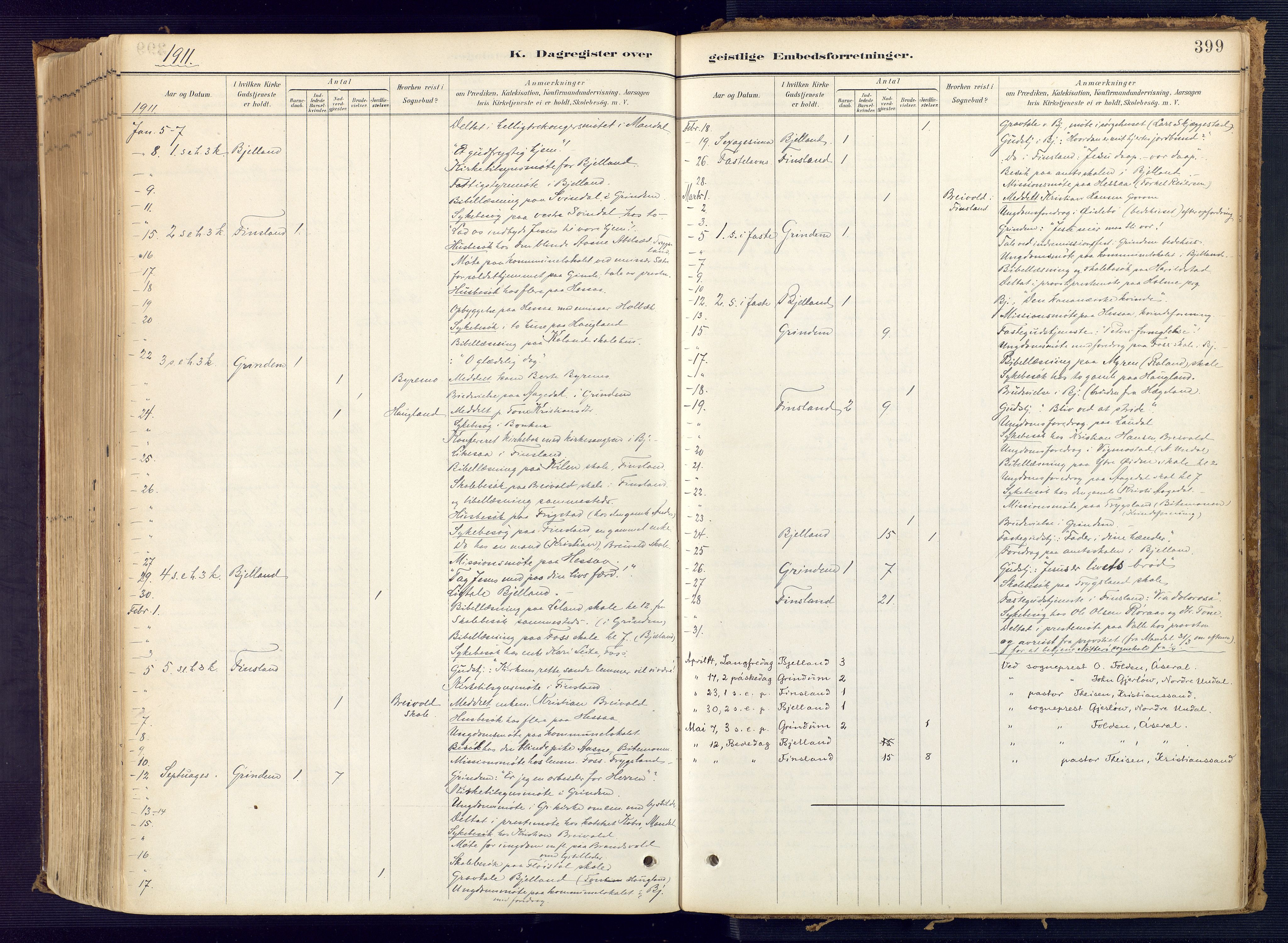 Bjelland sokneprestkontor, SAK/1111-0005/F/Fa/Faa/L0004: Ministerialbok nr. A 4, 1887-1923, s. 399